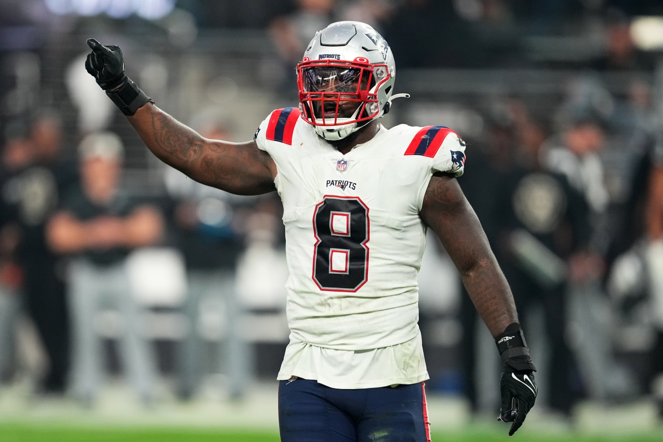 LAS VEGAS, NEVADA - DECEMBER 18: Ja'Whaun Bentley #8 of the New England Patriots reacts during the second half against the Las Vegas Raiders at Allegiant Stadium on December 18, 2022 in Las Vegas, Nevada. (Photo by Chris Unger/Getty Images)