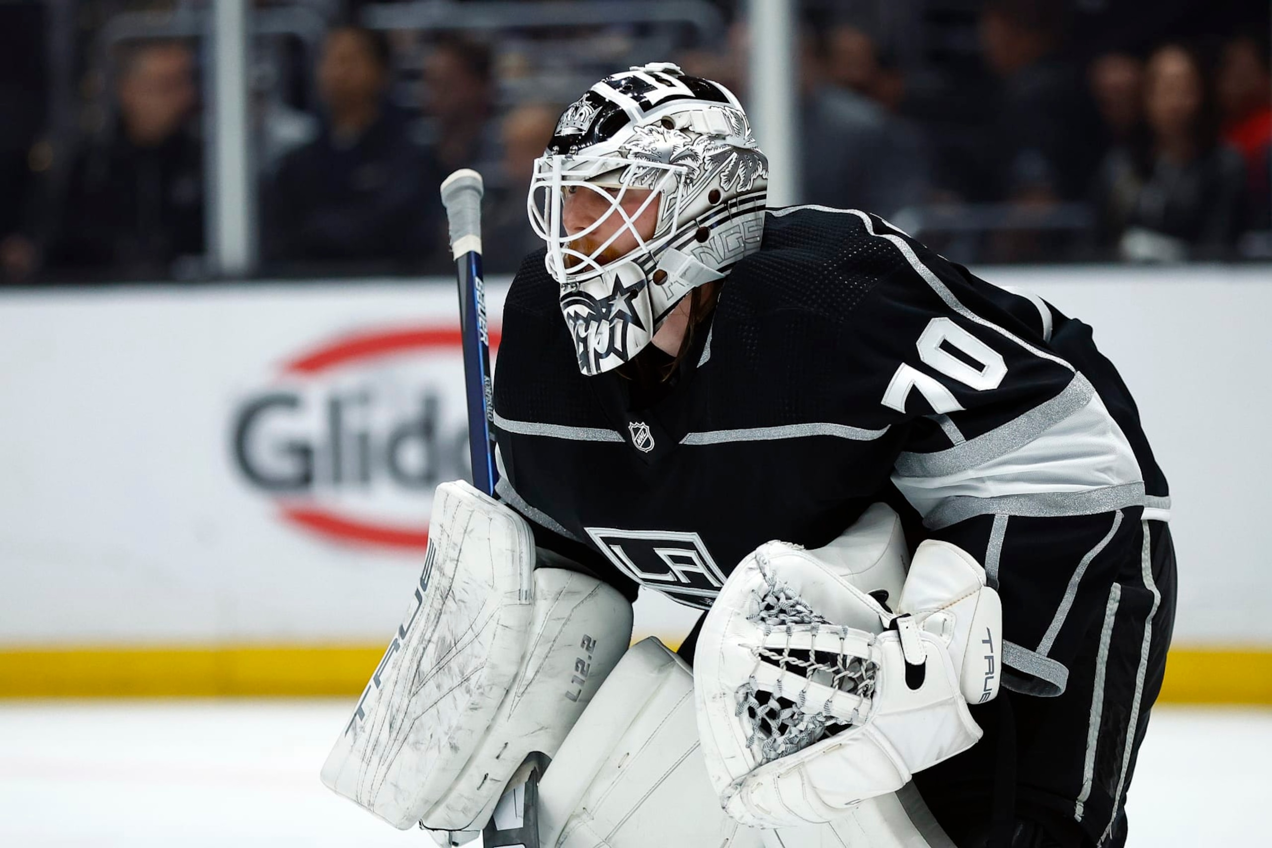LOS ANGELES, CALIFORNIA - APRIL 29:  Joonas Korpisalo #70 of the Los Angeles Kings in goal against the Edmonton Oilers during the first period in Game Six of the First Round of the 2023 Stanley Cup Playoffs at Crypto.com Arena on April 29, 2023 in Los Angeles, California. (Photo by Ronald Martinez/Getty Images)