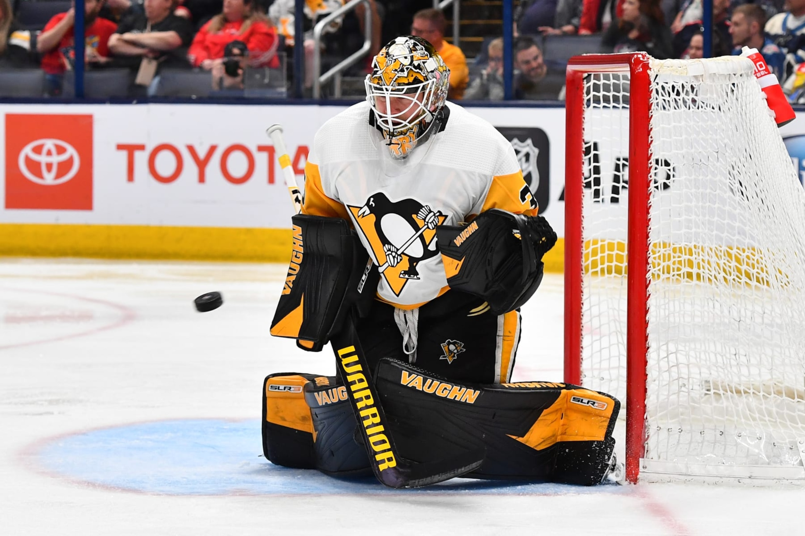 COLUMBUS, OHIO - APRIL 13: Goaltender Tristan Jarry #35 of the Pittsburgh Penguins defends the net during the third period of a game against the Columbus Blue Jackets at Nationwide Arena on April 13, 2023 in Columbus, Ohio. (Photo by Ben Jackson/NHLI via Getty Images)