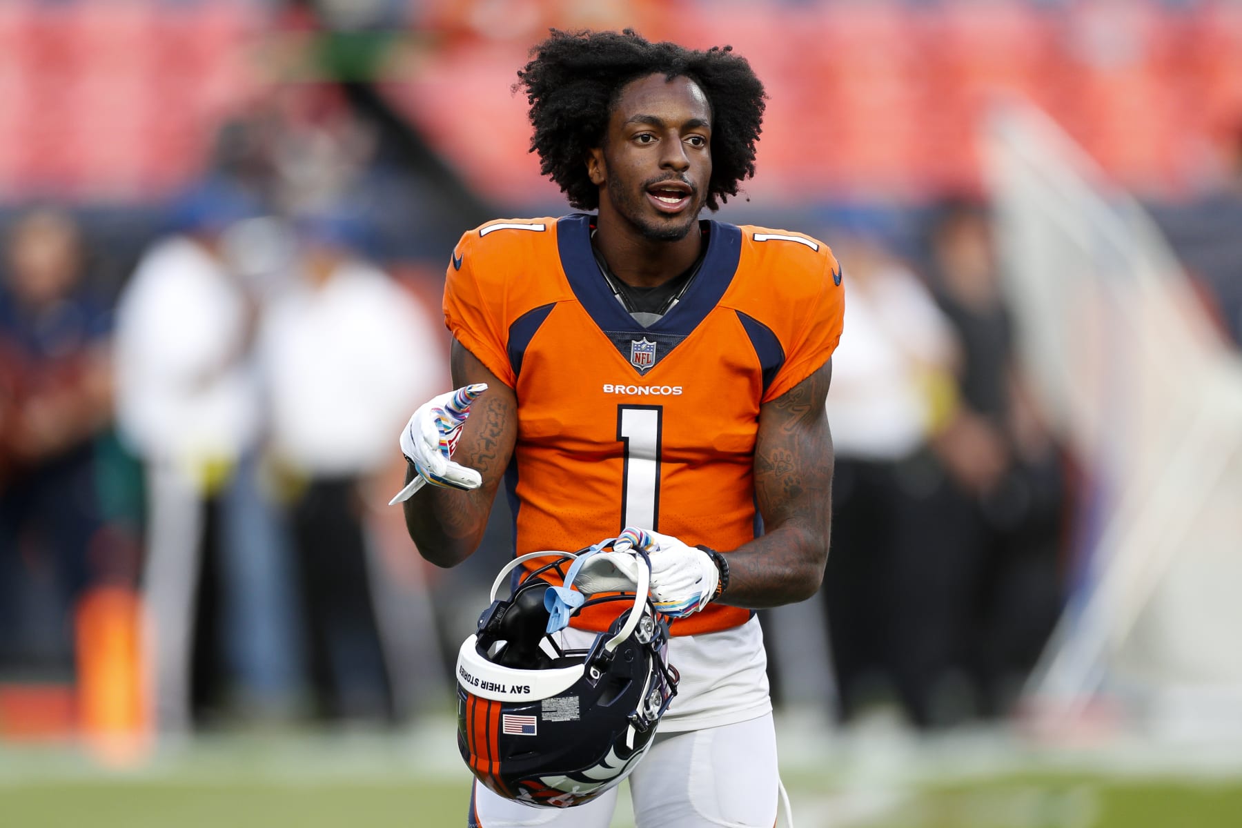 DENVER, CO - OCTOBER 06: Denver Broncos wide receiver KJ Hamler (1) warms up prior to an NFL game between the Indianapolis Colts and the Denver Broncos at Empower Field at Mile High on October 06, 2022 in Denver, Colorado. (Photo by Brandon Sloter/Icon Sportswire via Getty Images)