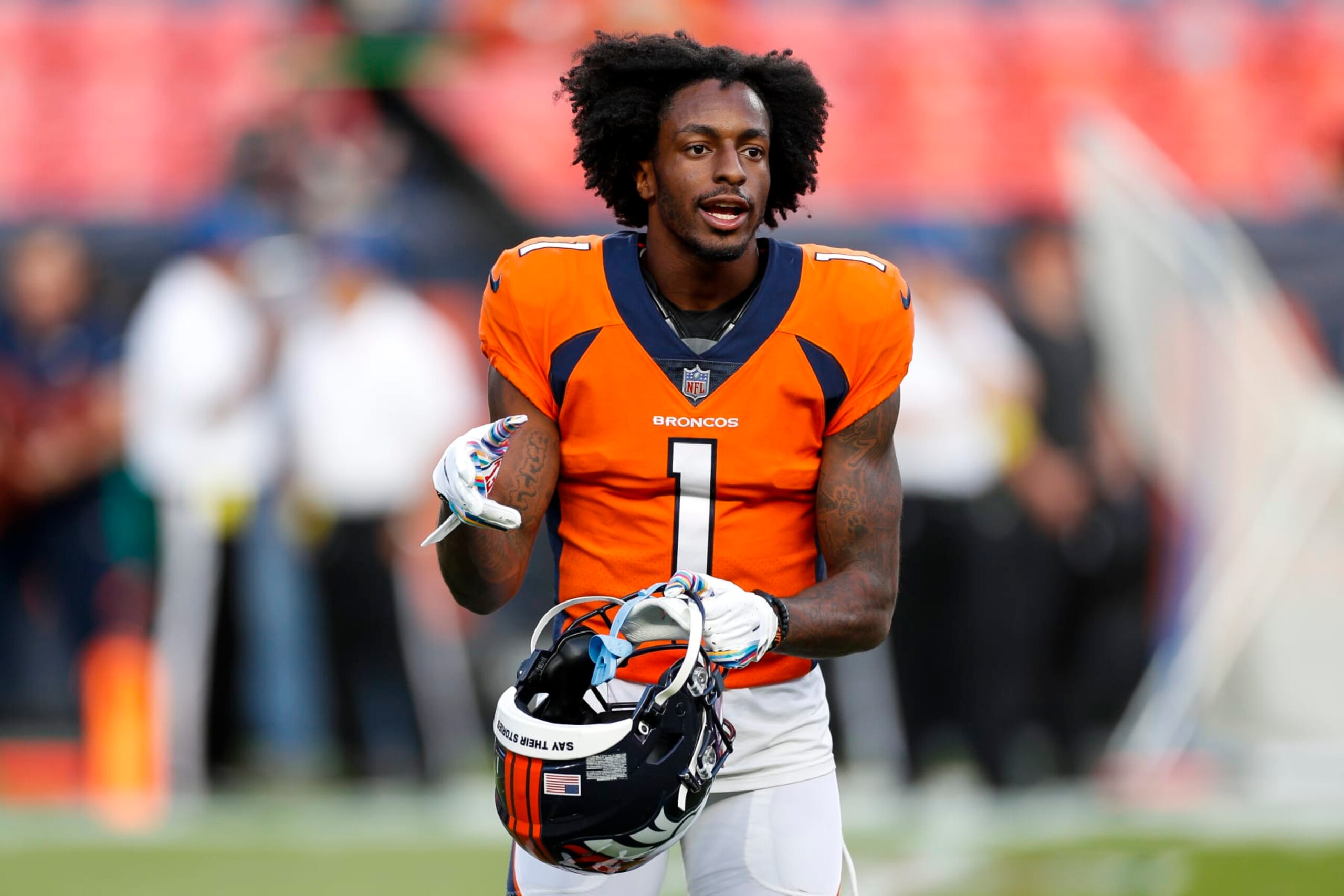 DENVER, CO - OCTOBER 06: Denver Broncos wide receiver KJ Hamler (1) warms up prior to an NFL game between the Indianapolis Colts and the Denver Broncos at Empower Field at Mile High on October 06, 2022 in Denver, Colorado. (Photo by Brandon Sloter/Icon Sportswire via Getty Images)