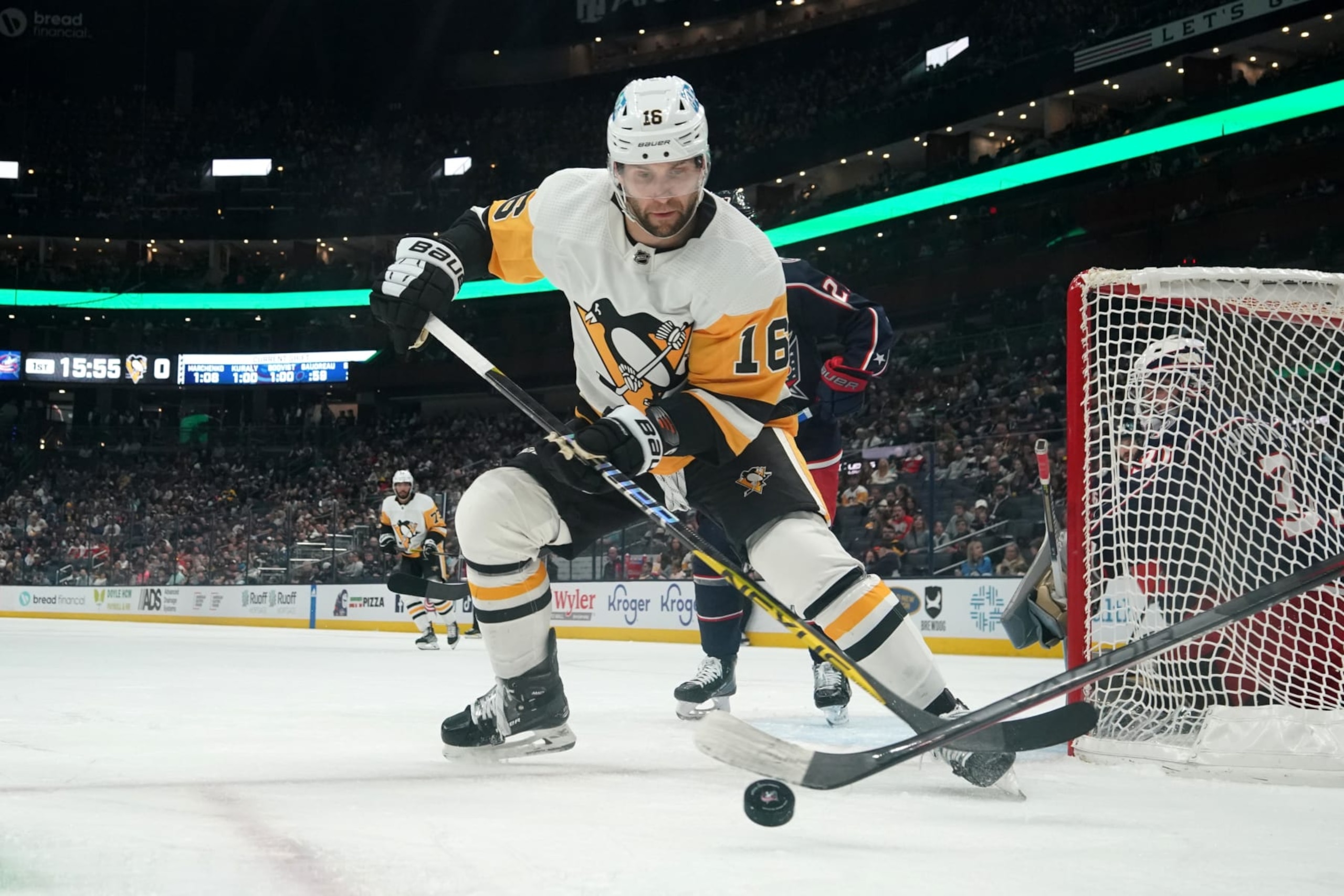 COLUMBUS, OHIO - APRIL 13: Jason Zucker #16 of the Pittsburgh Penguins skates towards the puck during the first period against the Columbus Blue Jackets at Nationwide Arena on April 13, 2023 in Columbus, Ohio. (Photo by Jason Mowry/Getty Images)