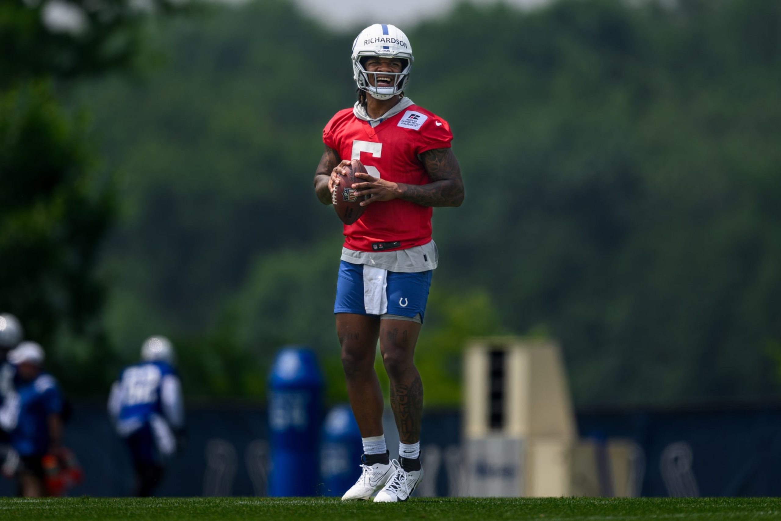 INDIANAPOLIS, IN - JUNE 07: Indianapolis Colts quarterback Anthony Richardson (5) runs through a drill during the Indianapolis Colts OTA on June 7, 2023 at the Indiana Farm Bureau Football Center in Indianapolis, IN. (Photo by Zach Bolinger/Icon Sportswire via Getty Images)