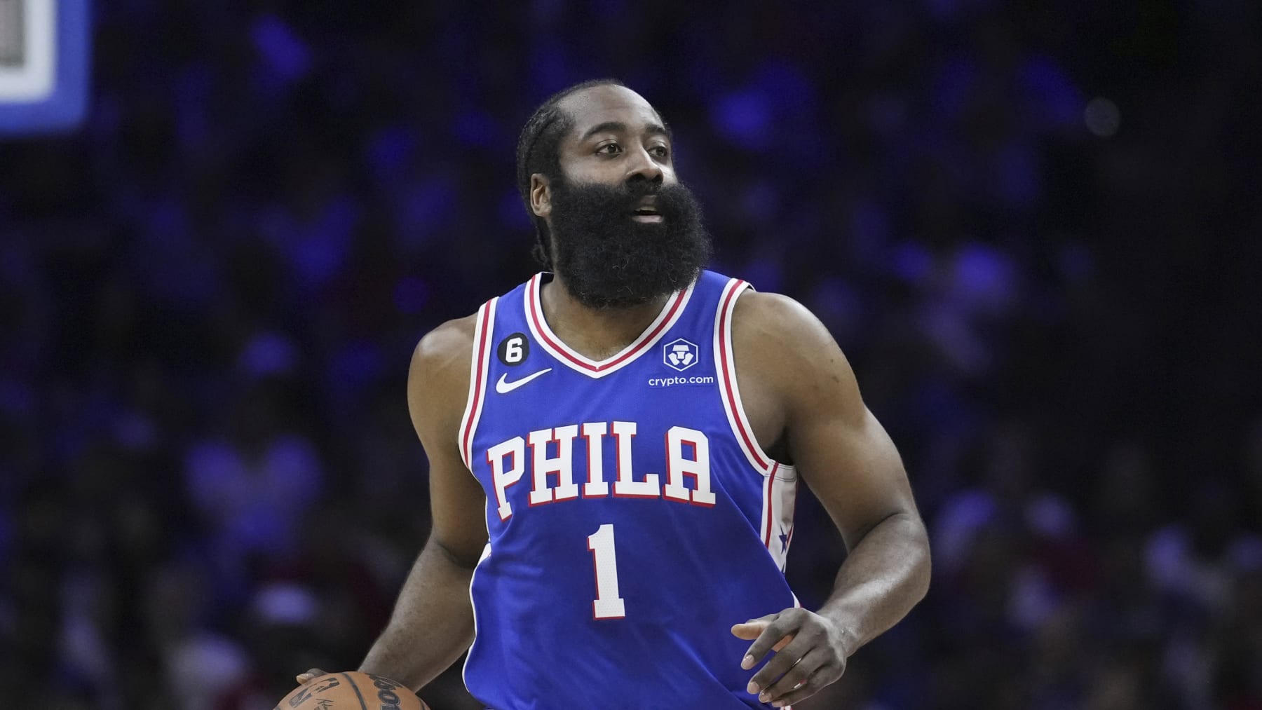 Philadelphia 76ers' James Harden plays during the first half of Game 4 in an NBA basketball Eastern Conference semifinals playoff series, Sunday, May 7, 2023, in Philadelphia. (AP Photo/Matt Slocum)