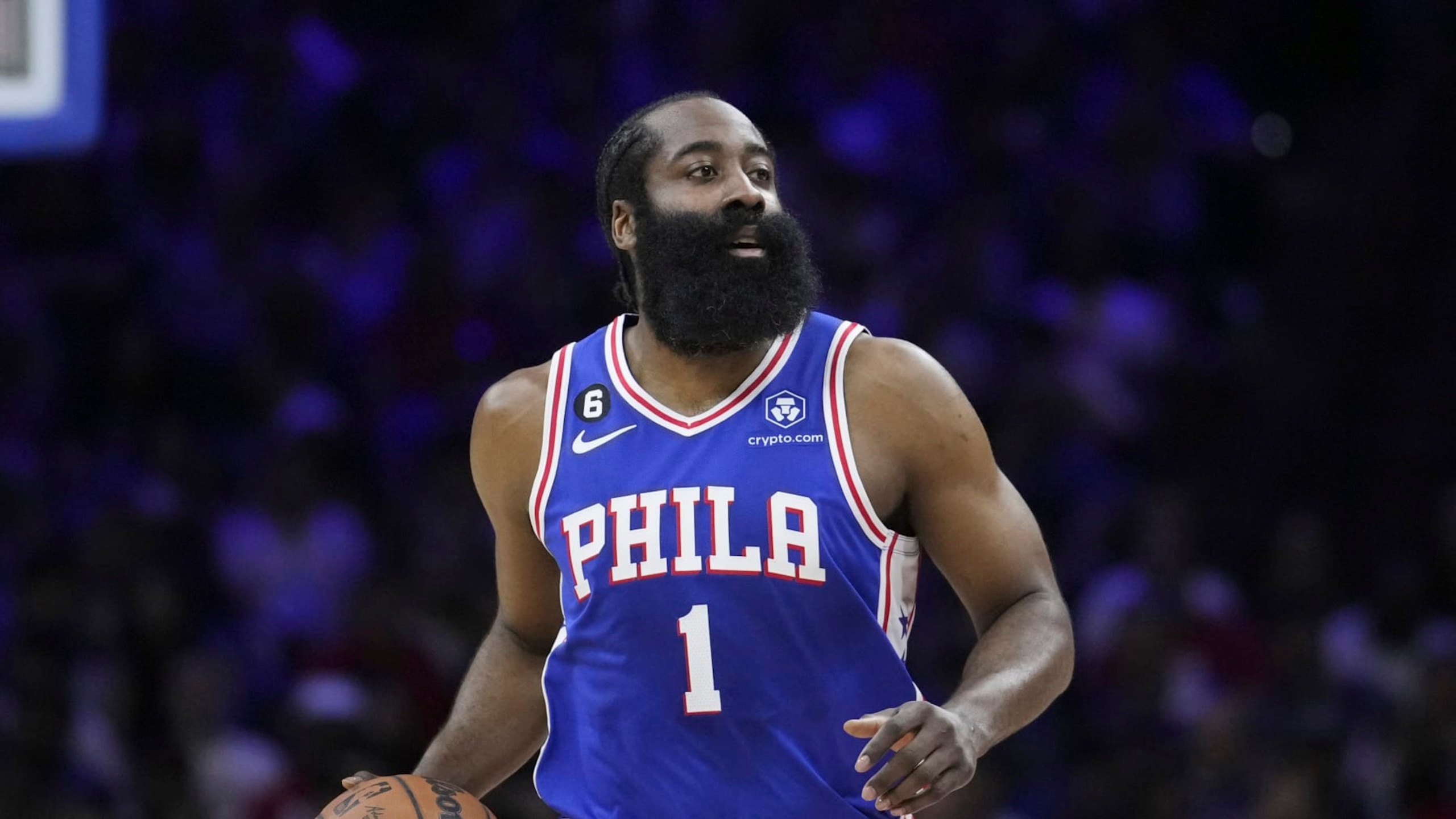 Philadelphia 76ers' James Harden plays during the first half of Game 4 in an NBA basketball Eastern Conference semifinals playoff series, Sunday, May 7, 2023, in Philadelphia. (AP Photo/Matt Slocum)