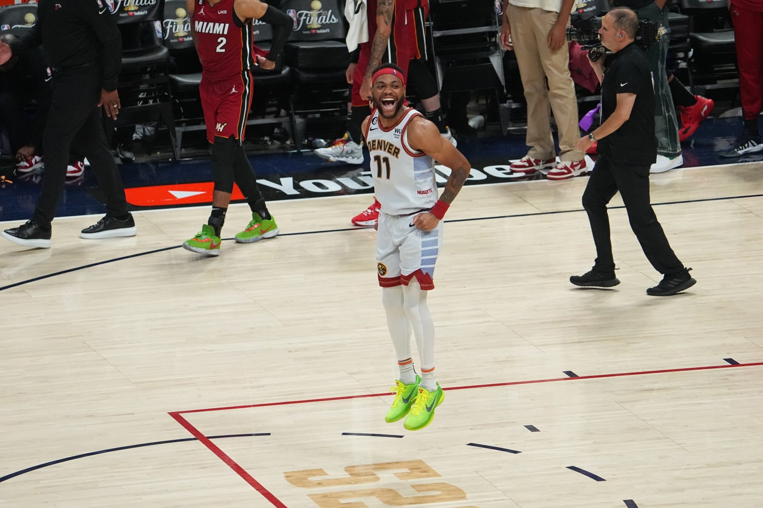 DENVER, CO - JUNE 12: Bruce Brown #11 of the Denver Nuggets celebrates during Game Five of the 2023 NBA Finals against the Miami Heat on June 12, 2023 at the Ball Arena in Denver, Colorado. NOTE TO USER: User expressly acknowledges and agrees that, by downloading and/or using this Photograph, user is consenting to the terms and conditions of the Getty Images License Agreement. Mandatory Copyright Notice: Copyright 2023 NBAE (Photo by Bart Young/NBAE via Getty Images)