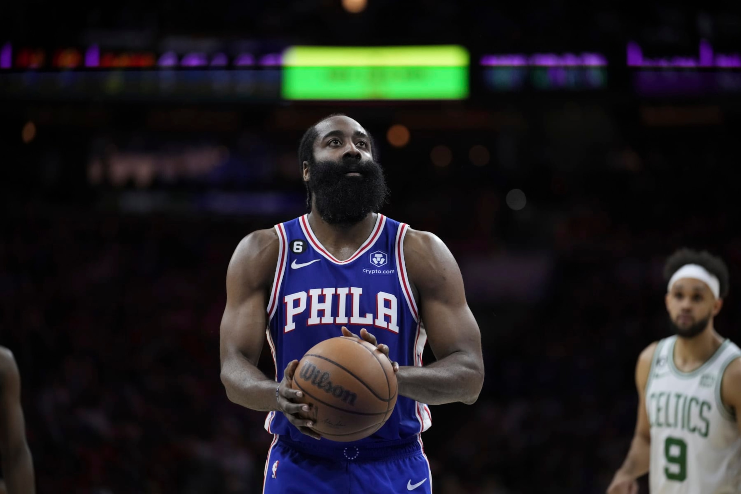 Philadelphia 76ers' James Harden plays during the second half of Game 6 of an NBA basketball playoffs Eastern Conference semifinal, Thursday, May 11, 2023, in Philadelphia. (AP Photo/Matt Slocum) Philadelphia 76ers' James Harden plays during the second half of Game 6 of an NBA basketball playoffs Eastern Conference semifinal, Thursday, May 11, 2023, in Philadelphia. (AP Photo/Matt Slocum)