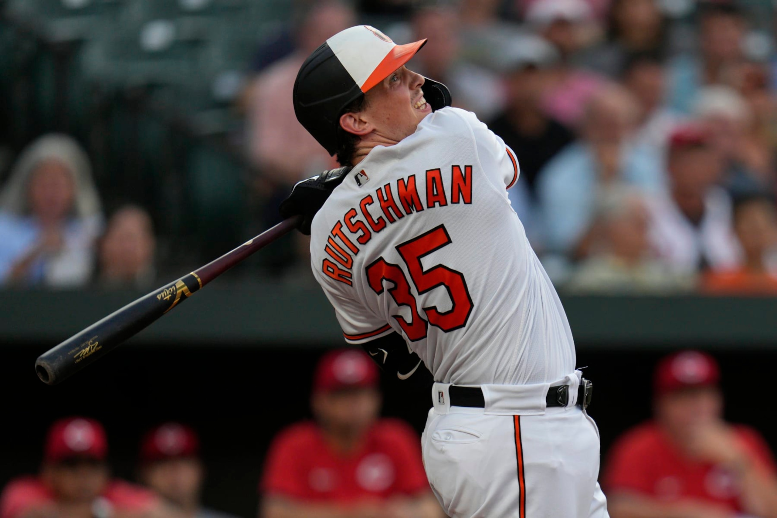 BALTIMORE, MARYLAND - JUNE 27: Adley Rutschman #35 of the Baltimore Orioles follows through his swing as he bats against the Cincinnati Reds during the third inning at Oriole Park at Camden Yards on June 27, 2023 in Baltimore, Maryland. (Photo by Jess Rapfogel/Getty Images)