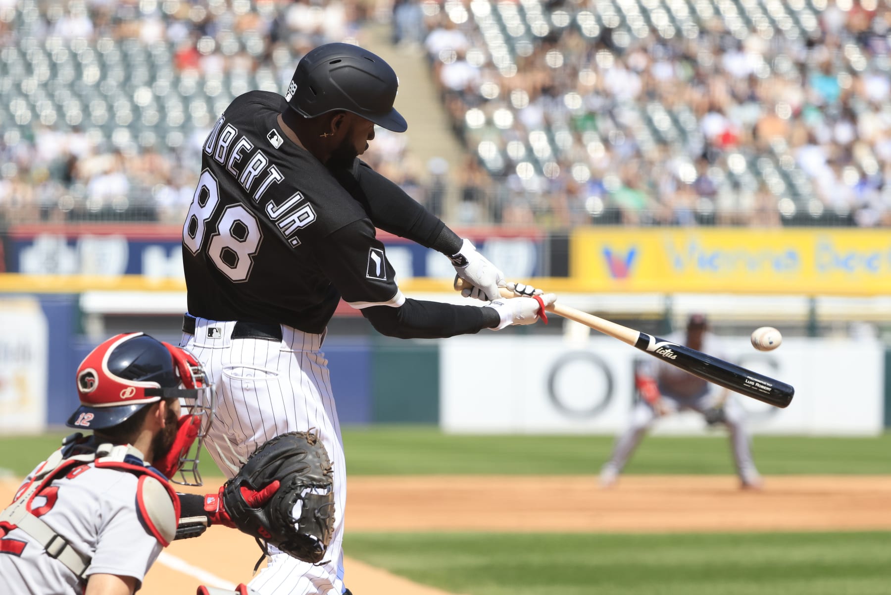 CHICAGO, ILLINOIS - JUNE 24: Luis Robert Jr. #88 of the Chicago White Sox at bat in the game against the Boston Red Sox at Guaranteed Rate Field on June 24, 2023 in Chicago, Illinois. (Photo by Justin Casterline/Getty Images)