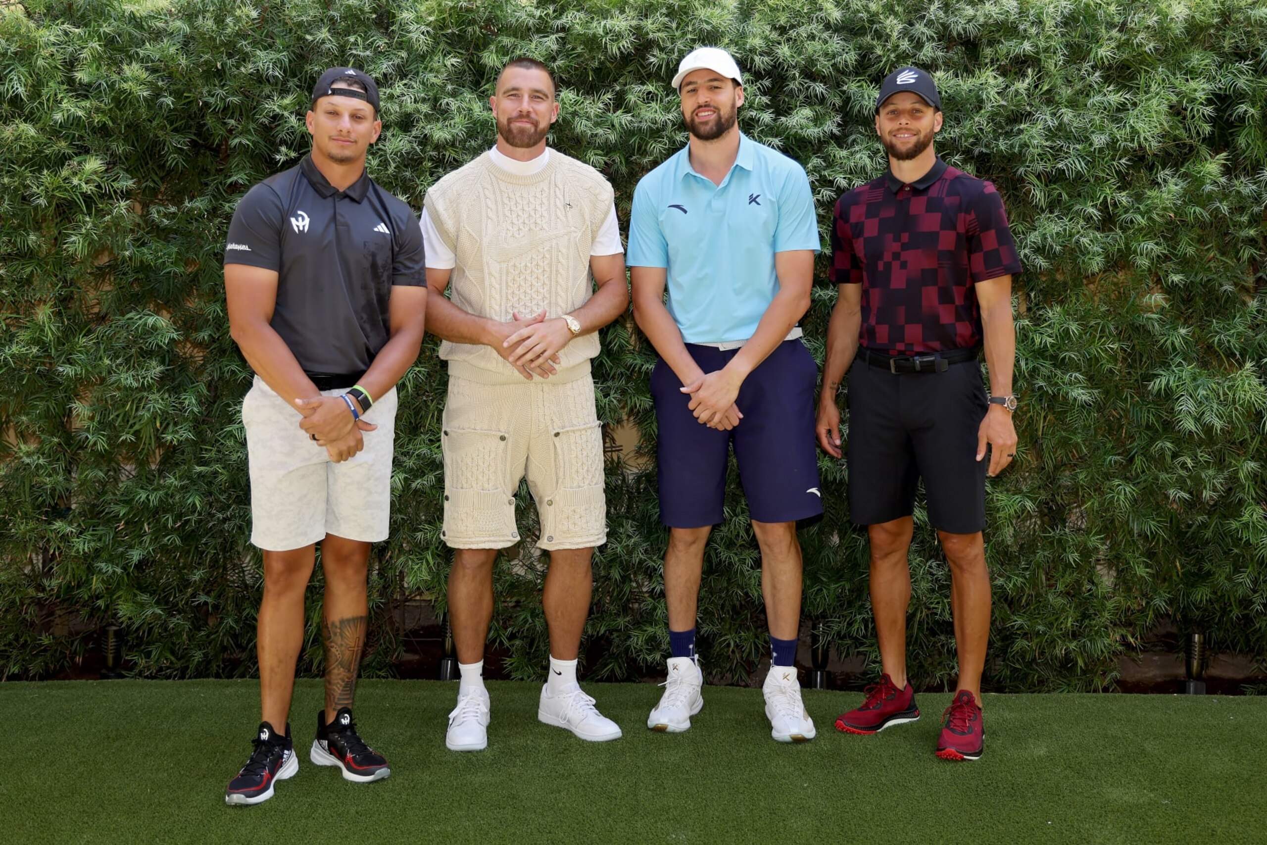 LAS VEGAS, NEVADA - JUNE 29: (L-R) Patrick Mahomes, Travis Kelce, Klay Thompson, and Steph Curry pose for photos prior to Capital One's The Match VIII - Curry & Thompson vs. Mahomes & Kelce at Wynn Golf Club on June 29, 2023 in Las Vegas, Nevada. (Photo by Ezra Shaw/Getty Images for The Match) LAS VEGAS, NEVADA - JUNE 29: (L-R) Patrick Mahomes, Travis Kelce, Klay Thompson, and Steph Curry pose for photos prior to Capital One's The Match VIII - Curry & Thompson vs. Mahomes & Kelce at Wynn Golf Club on June 29, 2023 in Las Vegas, Nevada. (Photo by Ezra Shaw/Getty Images for The Match)