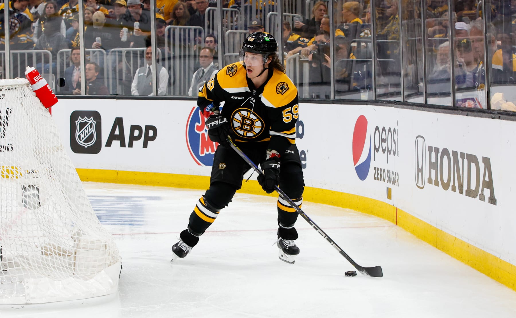 BOSTON, MASSACHUSETTS - APRIL 17: Tyler Bertuzzi #59 of the Boston Bruins skates against the Florida Panthers during the third period of Game One of the First Round of the 2023 Stanley Cup Playoffs at the TD Garden on April 17, 2023 in Boston, Massachusetts. The Bruins won 3-1. (Photo by Richard T Gagnon/Getty Images)