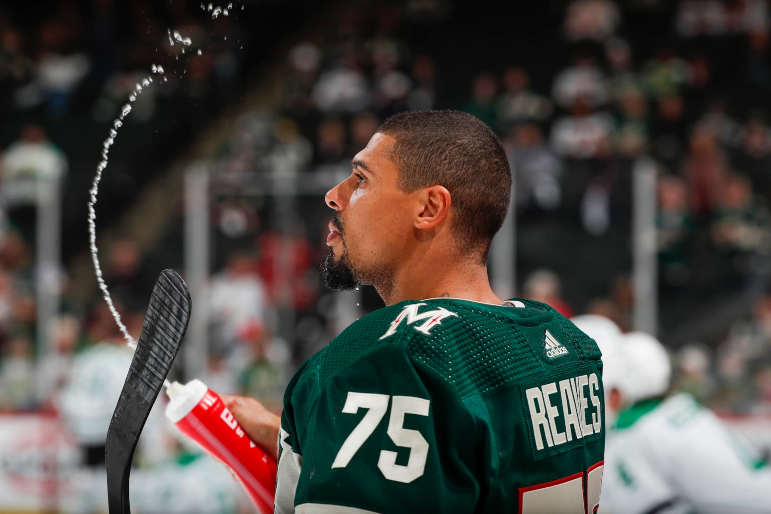 ST PAUL, MN - APRIL 23: Ryan Reaves #75 of the Minnesota Wild warms up before Game Four of the First Round of the 2023 Stanley Cup Playoffs against the Dallas Stars at Xcel Energy Center on April 23, 2023 in St Paul, Minnesota. (Photo by Bruce Kluckhohn/NHLI via Getty Images)