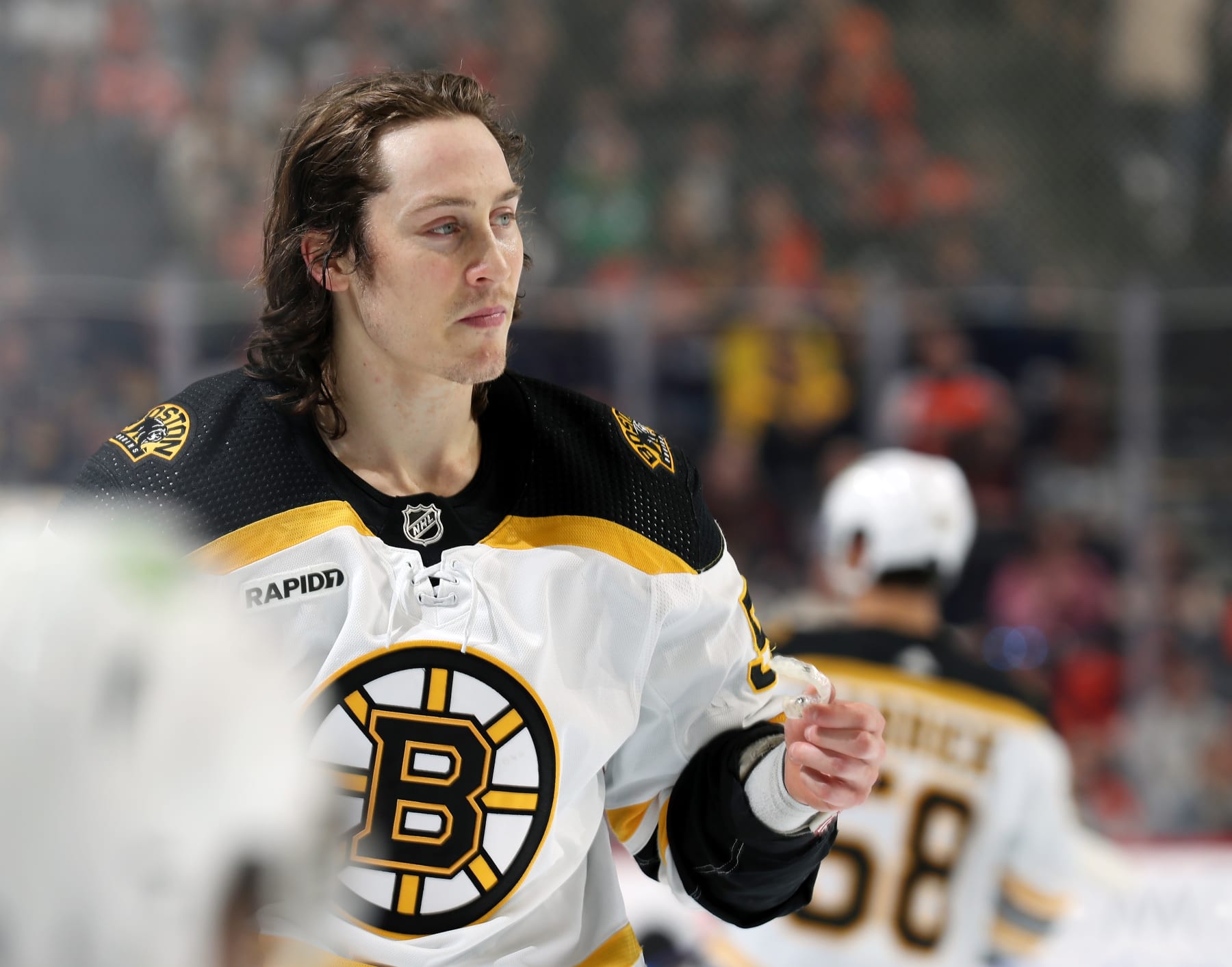 PHILADELPHIA, PENNSYLVANIA - APRIL 09:  Tyler Bertuzzi #59 of the Boston Bruins looks on during a stoppage in play against the Philadelphia Flyers at the Wells Fargo Center on April 9, 2023 in Philadelphia, Pennsylvania.  (Photo by Len Redkoles/NHLI via Getty Images)