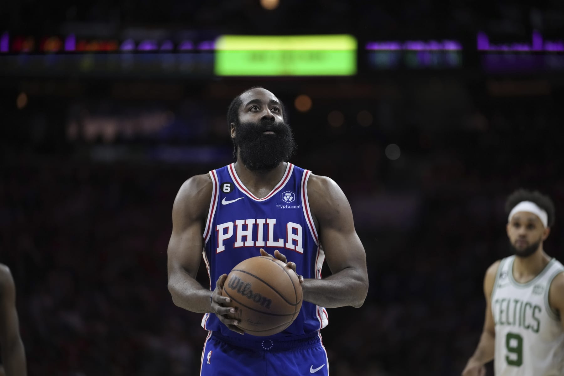 Philadelphia 76ers' James Harden plays during the second half of Game 6 of an NBA basketball playoffs Eastern Conference semifinal, Thursday, May 11, 2023, in Philadelphia. (AP Photo/Matt Slocum)