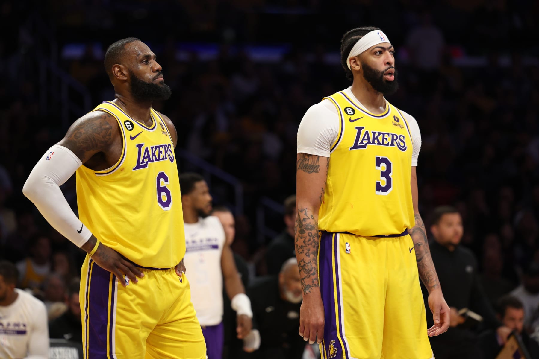 LOS ANGELES, CALIFORNIA - MAY 22: LeBron James #6 and Anthony Davis #3 of the Los Angeles Lakers react to a Laker foul during the third quarter against the Denver Nuggets in game four of the Western Conference Finals at Crypto.com Arena on May 22, 2023 in Los Angeles, California. NOTE TO USER: User expressly acknowledges and agrees that, by downloading and or using this photograph, User is consenting to the terms and conditions of the Getty Images License Agreement. (Photo by Harry How/Getty Images)