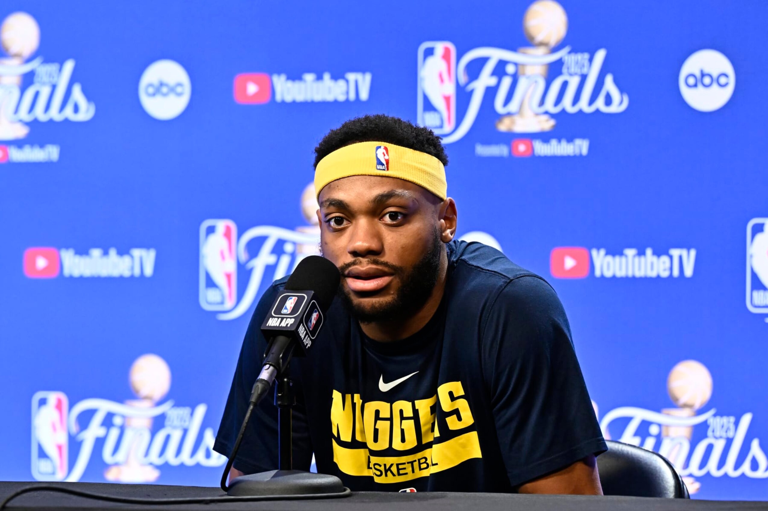 DENVER, CO - JUNE 11: Bruce Brown of the Denver Nuggets speaks to the media during 2023 NBA Finals Practice and Media Availability on June 11, 2023 at the Ball Arena in Denver, Colorado. NOTE TO USER: User expressly acknowledges and agrees that, by downloading and/or using this Photograph, user is consenting to the terms and conditions of the Getty Images License Agreement. Mandatory Copyright Notice: Copyright 2023 NBAE (Photo by David Dow/NBAE via Getty Images)