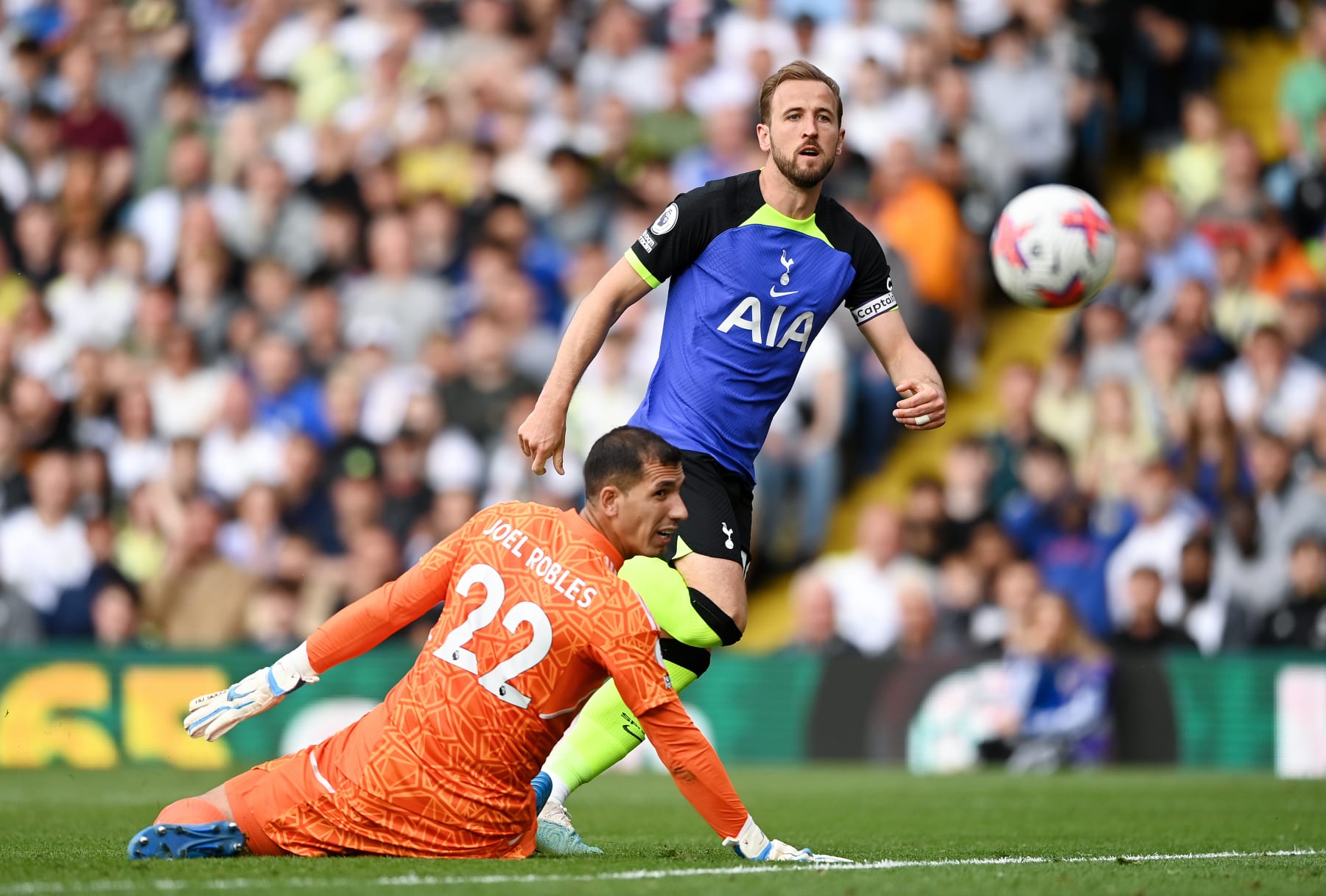 LEEDS, ENGLAND - MAY 28: Harry Kane of Tottenham Hotspur scores the team's third goal during the Premier League match between Leeds United and Tottenham Hotspur at Elland Road on May 28, 2023 in Leeds, England. (Photo by Gareth Copley/Getty Images)