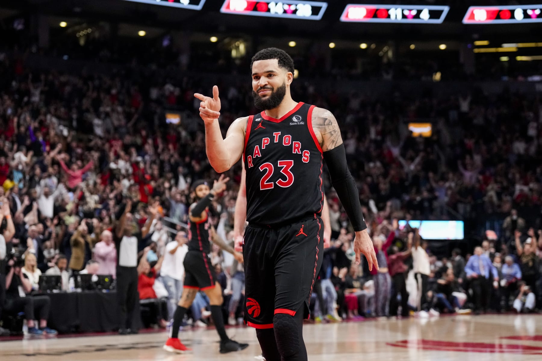TORONTO, ON - APRIL 12: Fred VanVleet #23 of the Toronto Raptors reacts after hitting a three point shot at the end of the second quarter against the Chicago Bulls during the 2023 Play-In Tournament at the Scotiabank Arena on April 12, 2023 in Toronto, Ontario, Canada. NOTE TO USER: User expressly acknowledges and agrees that, by downloading and/or using this Photograph, user is consenting to the terms and conditions of the Getty Images License Agreement. (Photo by Andrew Lahodynskyj/Getty Images)