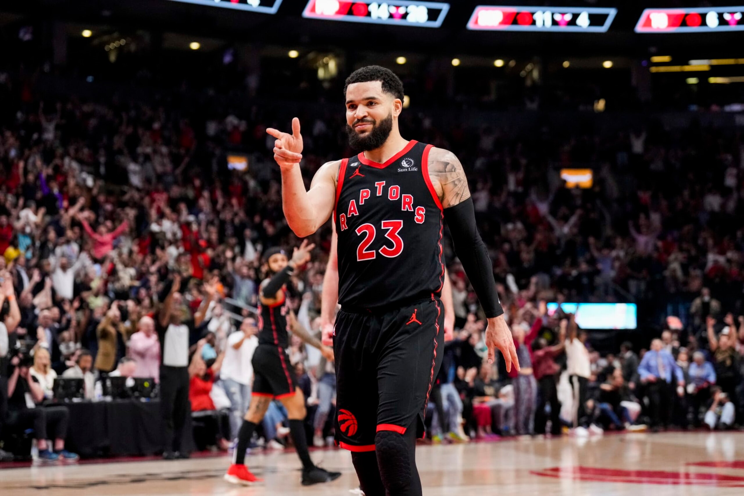 TORONTO, ON - APRIL 12: Fred VanVleet #23 of the Toronto Raptors reacts after hitting a three point shot at the end of the second quarter against the Chicago Bulls during the 2023 Play-In Tournament at the Scotiabank Arena on April 12, 2023 in Toronto, Ontario, Canada. NOTE TO USER: User expressly acknowledges and agrees that, by downloading and/or using this Photograph, user is consenting to the terms and conditions of the Getty Images License Agreement. (Photo by Andrew Lahodynskyj/Getty Images)