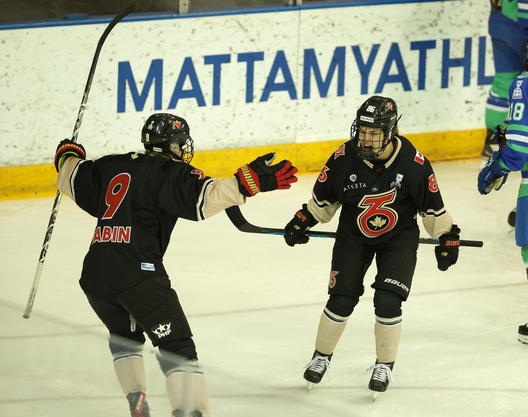 TORONTO, ON- MARCH 20  - Toronto Six Michela Cava (86) celebrates with Toronto Six Kati Tabin (9) after scoring as the the Toronto Six play the Connecticut Whales in the third and deciding game of their semi final in the Premier Hockey Federation Isobel Cup playoffs  at the Mattamy Centre  in Toronto. March 20, 2023.        (Steve Russell/Toronto Star via Getty Images)