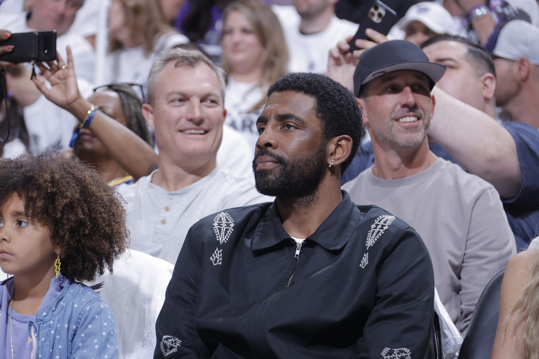 SACRAMENTO, CA - APRIL 30: NBA player Kyrie Irving attends the game between the Golden State Warriors and Sacramento Kings during Round 1 Game 7 of the 2023 NBA Playoffs on April 30, 2023 at Golden 1 Center in Sacramento, California. NOTE TO USER: User expressly acknowledges and agrees that, by downloading and or using this photograph, User is consenting to the terms and conditions of the Getty Images Agreement. Mandatory Copyright Notice: Copyright 2023 NBAE (Photo by Rocky Widner/NBAE via Getty Images)