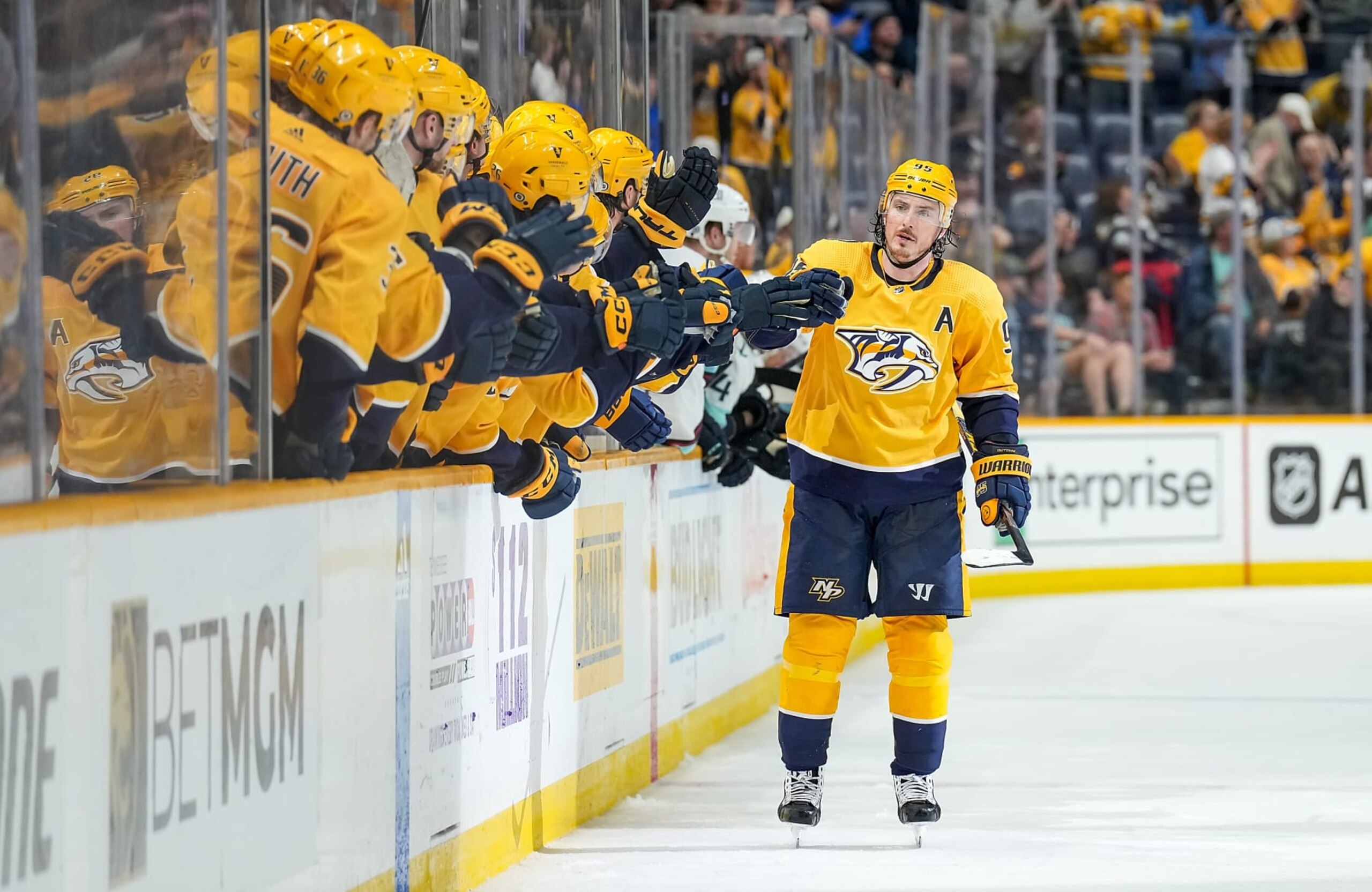 NASHVILLE, TENNESSEE - MARCH 23: Matt Duchene #95 of the Nashville Predators celebrates his goal against the Seattle Kraken during an NHL game at Bridgestone Arena on March 23, 2023 in Nashville, Tennessee. (Photo by John Russell/NHLI via Getty Images) NASHVILLE, TENNESSEE - MARCH 23: Matt Duchene #95 of the Nashville Predators celebrates his goal against the Seattle Kraken during an NHL game at Bridgestone Arena on March 23, 2023 in Nashville, Tennessee. (Photo by John Russell/NHLI via Getty Images)