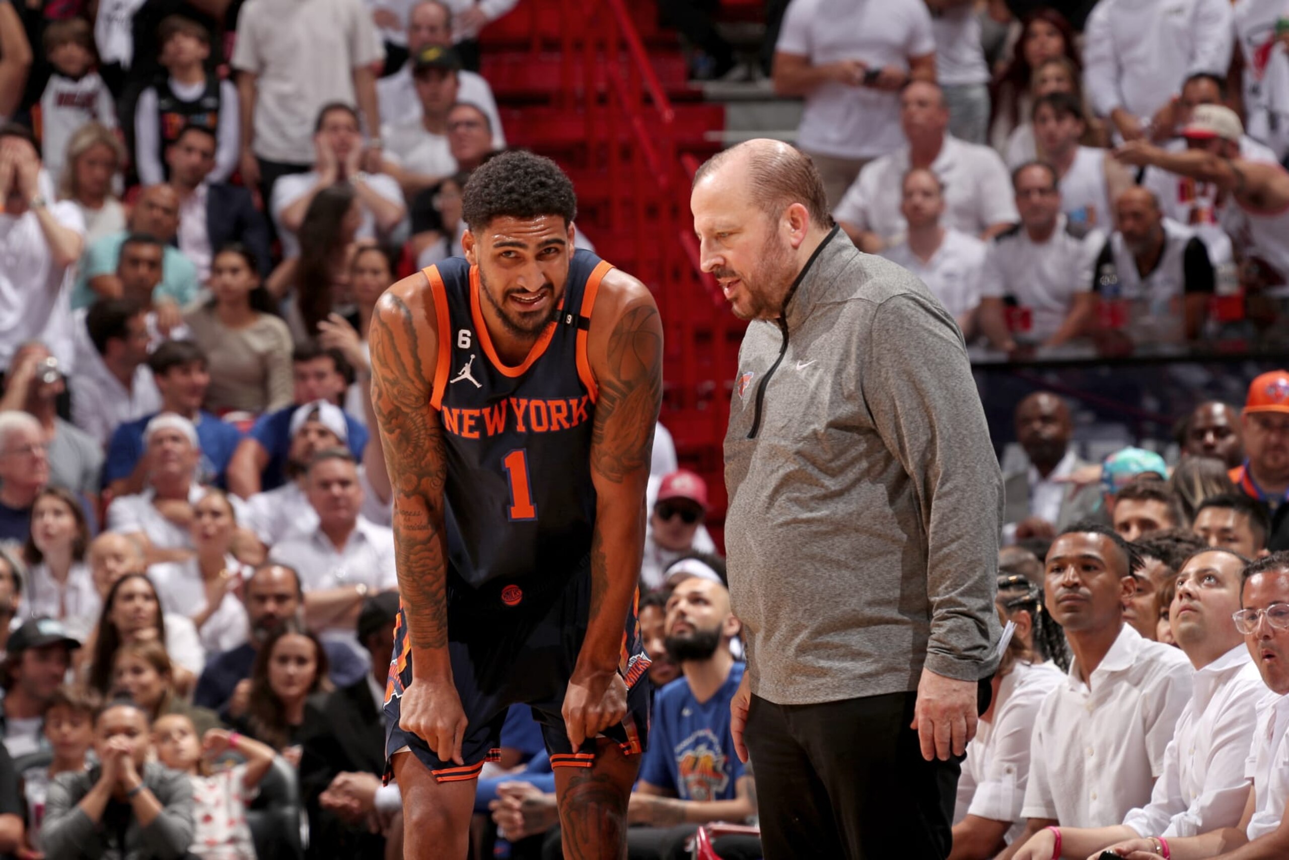 MIAMI, FL - MAY 12: Head Coach Tom Thibodeau and Obi Toppin #1 of the New York Knicks talk during Game 6 of the 2023 NBA Playoffs Eastern Conference Semi-Finals against the Miami Heat on May 12, 2023 at Kaseya Center in Miami, Florida. NOTE TO USER: User expressly acknowledges and agrees that, by downloading and or using this Photograph, user is consenting to the terms and conditions of the Getty Images License Agreement. Mandatory Copyright Notice: Copyright 2023 NBAE (Photo by Issac Baldizon/NBAE via Getty Images) MIAMI, FL - MAY 12: Head Coach Tom Thibodeau and Obi Toppin #1 of the New York Knicks talk during Game 6 of the 2023 NBA Playoffs Eastern Conference Semi-Finals against the Miami Heat on May 12, 2023 at Kaseya Center in Miami, Florida. NOTE TO USER: User expressly acknowledges and agrees that, by downloading and or using this Photograph, user is consenting to the terms and conditions of the Getty Images License Agreement. Mandatory Copyright Notice: Copyright 2023 NBAE (Photo by Issac Baldizon/NBAE via Getty Images)