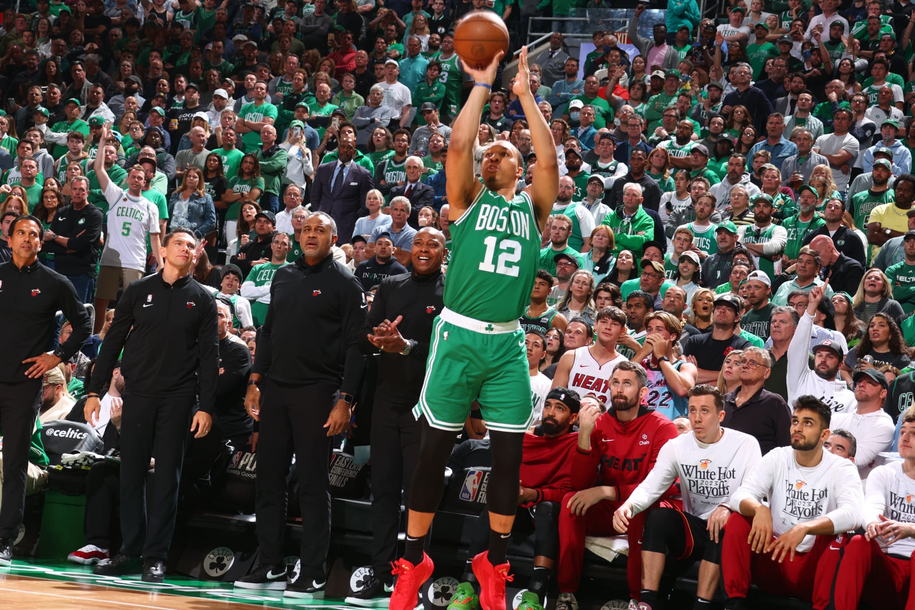 BOSTON, MA - MAY 29: Grant Williams #12 of the Boston Celtics shoots the ball during Game Seven of the Eastern Conference Finals against the Miami Heat on May 29, 2023 at the TD Garden in Boston, Massachusetts. NOTE TO USER: User expressly acknowledges and agrees that, by downloading and or using this photograph, User is consenting to the terms and conditions of the Getty Images License Agreement. Mandatory Copyright Notice: Copyright 2023 NBAE  (Photo by Nathaniel S. Butler/NBAE via Getty Images)