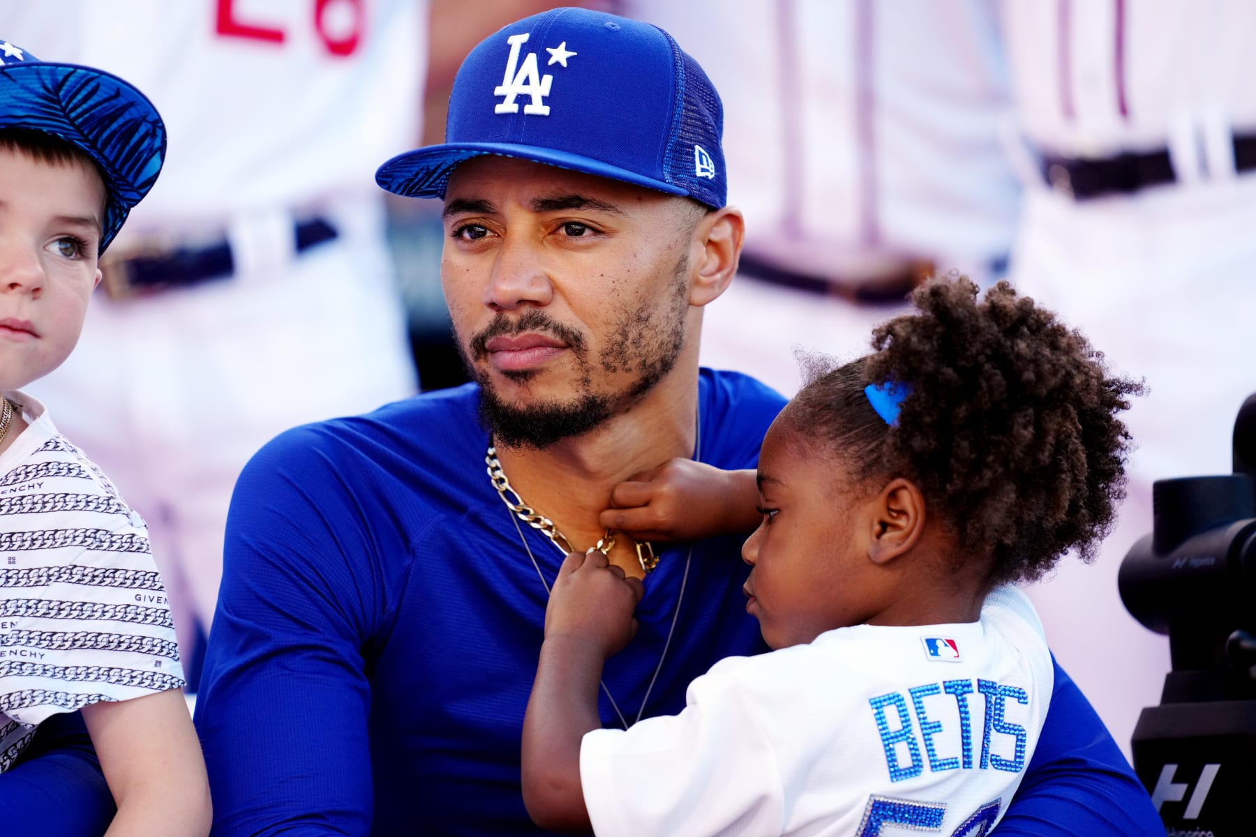 LOS ANGELES, CA - JULY 18:  Mookie Betts #50 of the Los Angeles Dodgers looks on during the T-Mobile Home Run Derby at Dodger Stadium on Monday, July 18, 2022 in Los Angeles, California. (Photo by Daniel Shirey/MLB Photos via Getty Images)