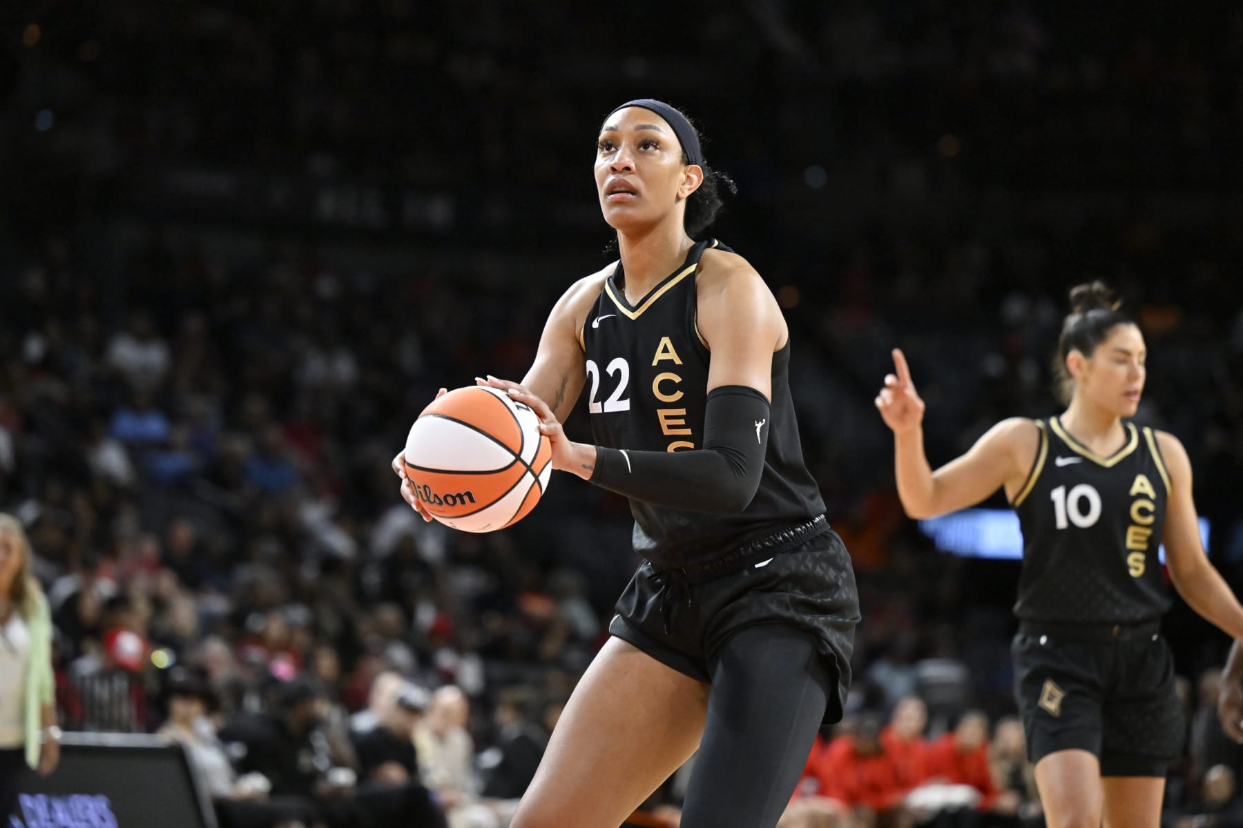 LAS VEGAS, NV - JUNE 24: A'ja Wilson #22 of the Las Vegas Aces shoots a free throw during the game against the Indiana Fever on June 24, 2023 at Michelob ULTRA Arena in Las Vegas, Nevada. NOTE TO USER: User expressly acknowledges and agrees that, by downloading and or using this photograph, User is consenting to the terms and conditions of the Getty Images License Agreement. Mandatory Copyright Notice: Copyright 2023 NBAE (Photo by David Becker/NBAE via Getty Images)