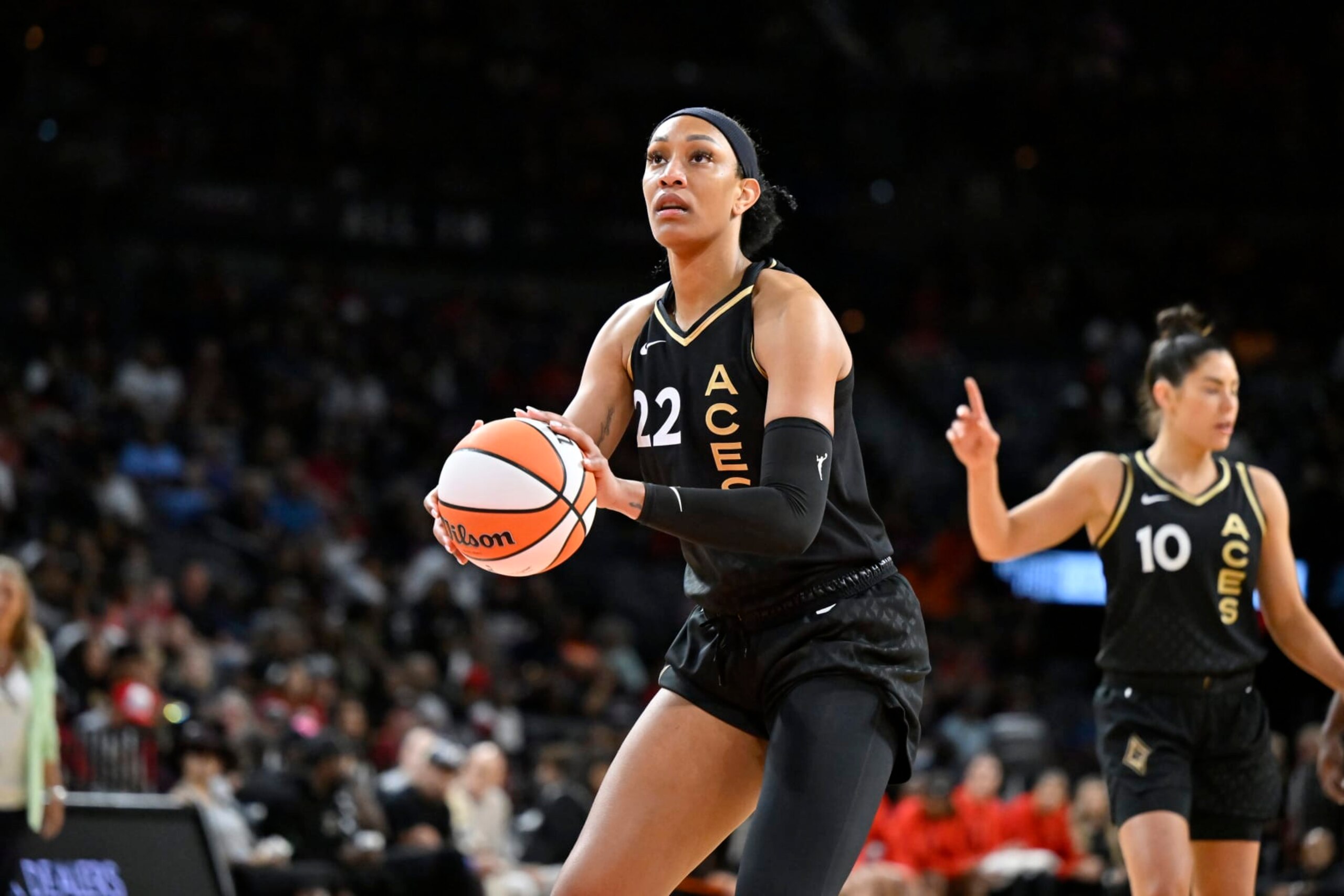 LAS VEGAS, NV - JUNE 24: A'ja Wilson #22 of the Las Vegas Aces shoots a free throw during the game against the Indiana Fever on June 24, 2023 at Michelob ULTRA Arena in Las Vegas, Nevada. NOTE TO USER: User expressly acknowledges and agrees that, by downloading and or using this photograph, User is consenting to the terms and conditions of the Getty Images License Agreement. Mandatory Copyright Notice: Copyright 2023 NBAE (Photo by David Becker/NBAE via Getty Images)