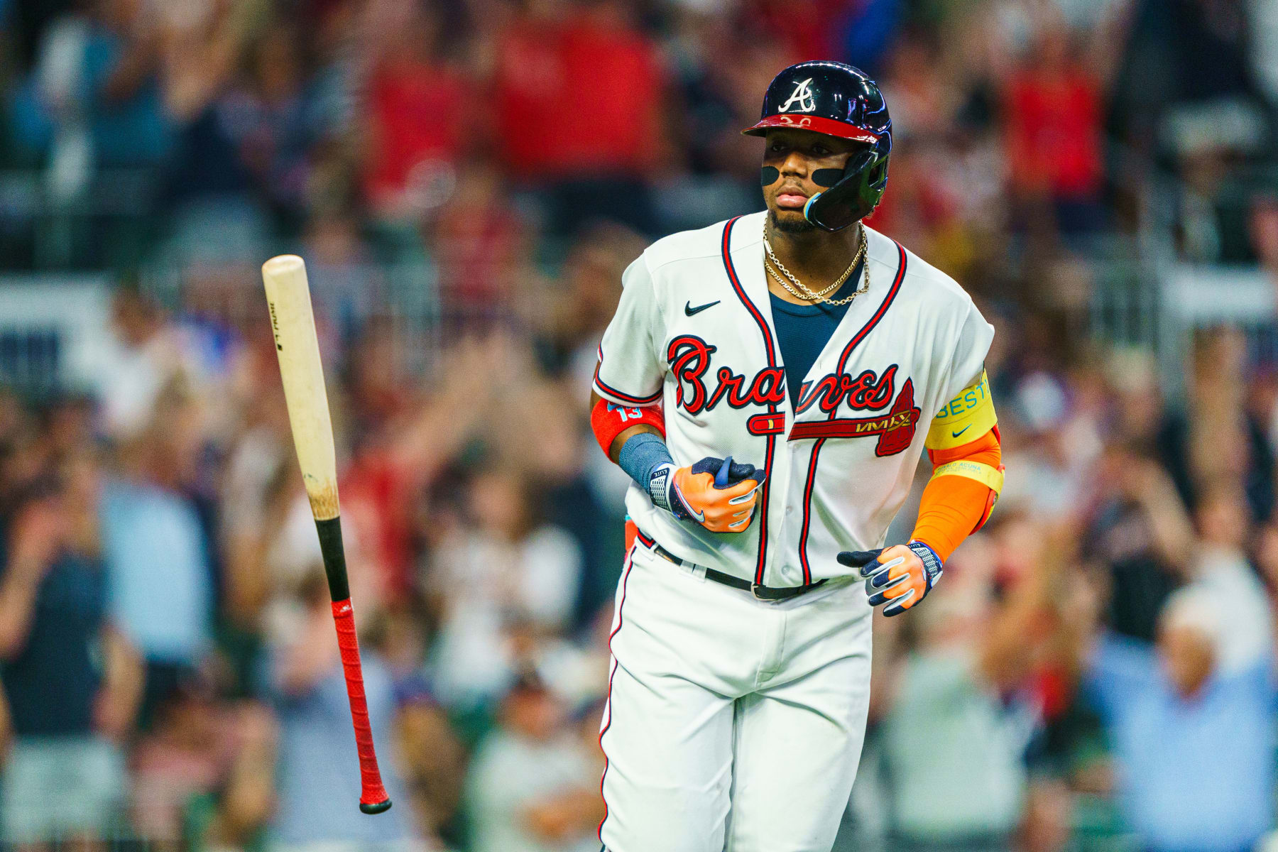 ATLANTA, GA - JUNE 26: Ronald Acuña Jr. #13 of the Atlanta Braves flips his bat after hitting a home run in the seventh inning during the game against the Minnesota Twins at Truist Park on June 26, 2023 in Atlanta, Georgia. (Photo by Matthew Grimes Jr./Atlanta Braves/Getty Images)