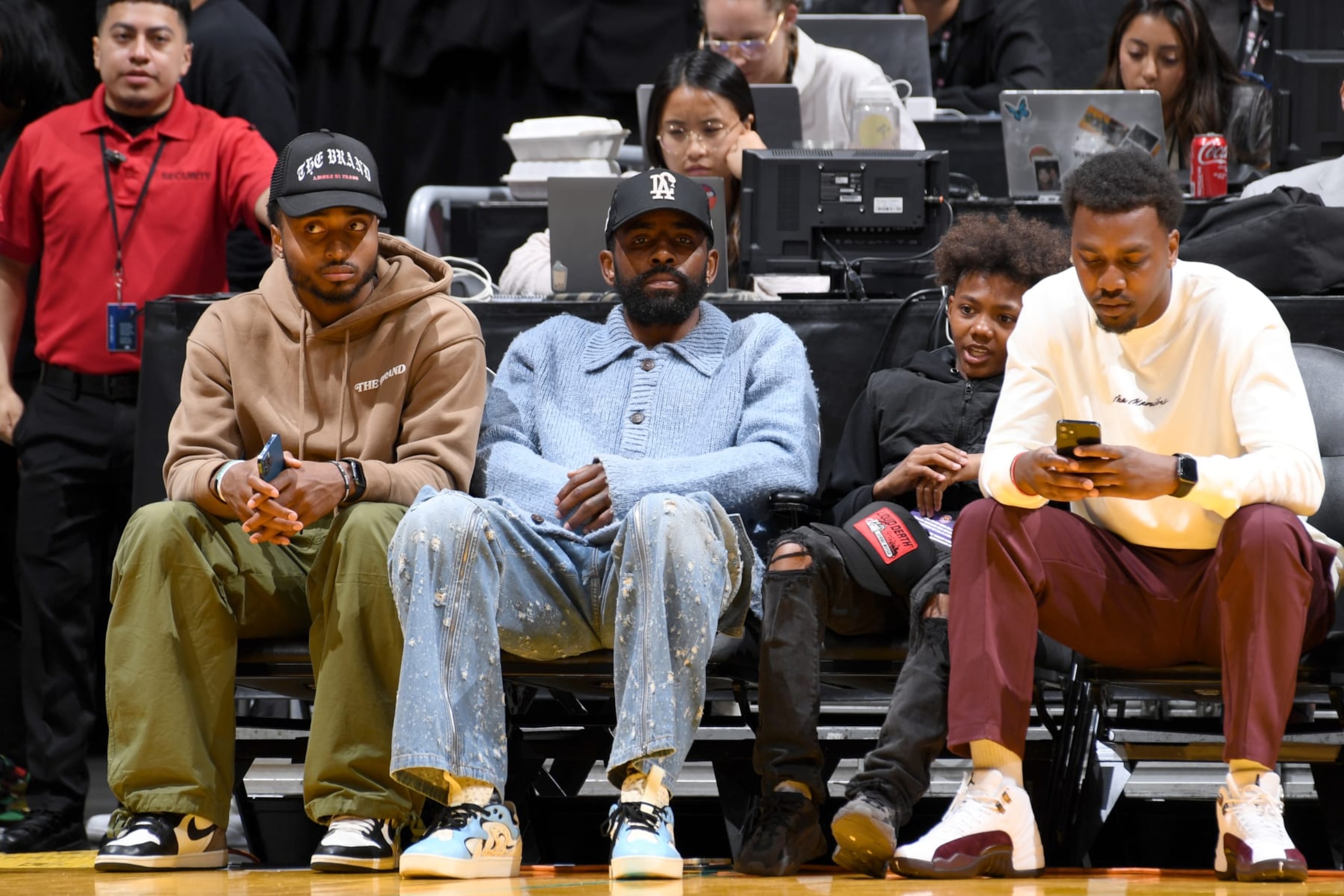 LOS ANGELES, CA - JUNE 3:  Kyrie Irving attends the game between the Seattle Storm and the Los Angeles Sparks on June 3, 2023 at Crypto.Com Arena in Los Angeles, California. NOTE TO USER: User expressly acknowledges and agrees that, by downloading and/or using this Photograph, user is consenting to the terms and conditions of the Getty Images License Agreement. Mandatory Copyright Notice: Copyright 2023 NBAE (Photo by Juan Ocampo/NBAE via Getty Images)