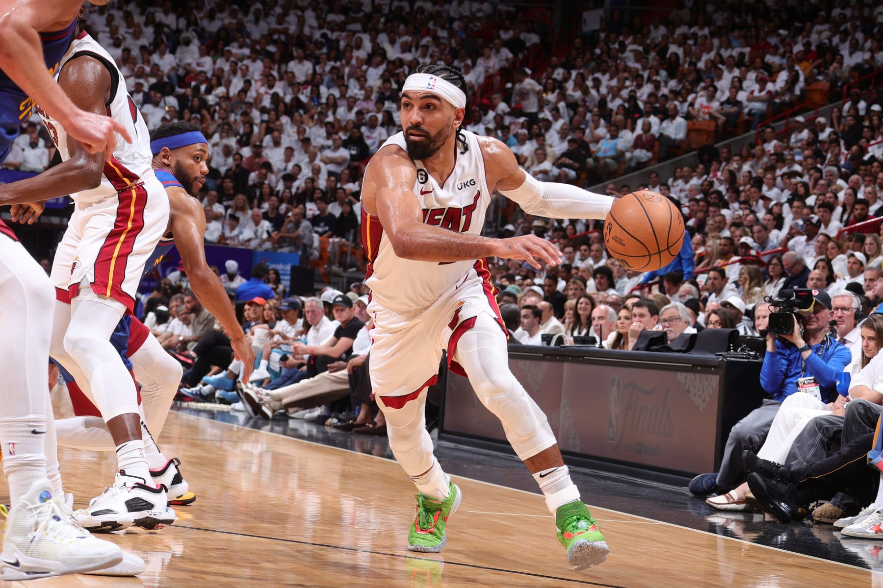 MIAMI, FL - JUNE 7: Gabe Vincent #2 of the Miami Heat dribbles the ball during Game Three of the 2023 NBA Finals against the Denver Nuggets on June 7, 2023 at Kaseya Center in Miami, Florida. NOTE TO USER: User expressly acknowledges and agrees that, by downloading and or using this Photograph, user is consenting to the terms and conditions of the Getty Images License Agreement. Mandatory Copyright Notice: Copyright 2023 NBAE (Photo by Nathaniel S. Butler/NBAE via Getty Images)