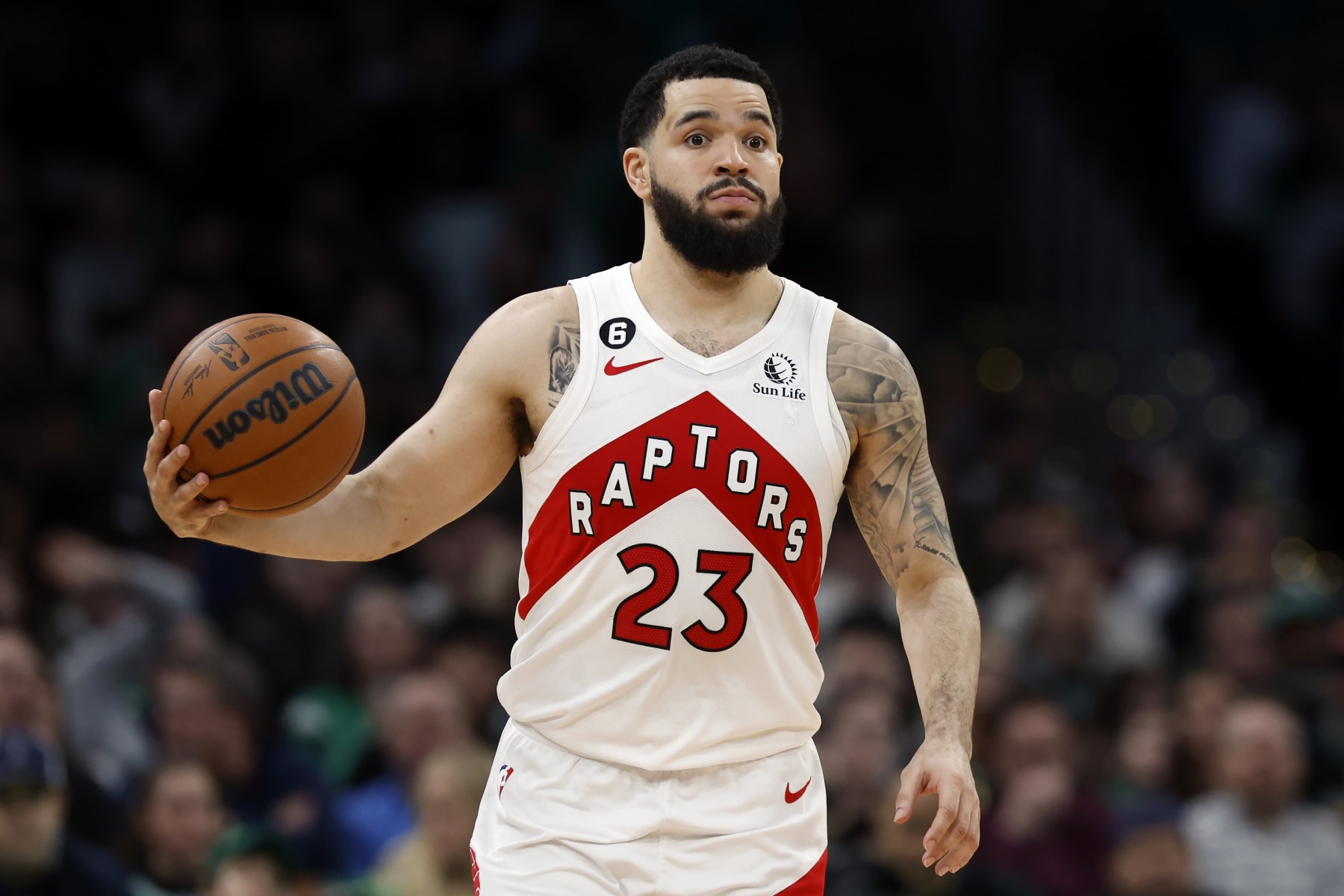 Toronto Raptors' Fred VanVleet plays against the Boston Celtics during the second half of an NBA basketball game, Friday, April 7, 2023, in Boston. (AP Photo/Michael Dwyer)