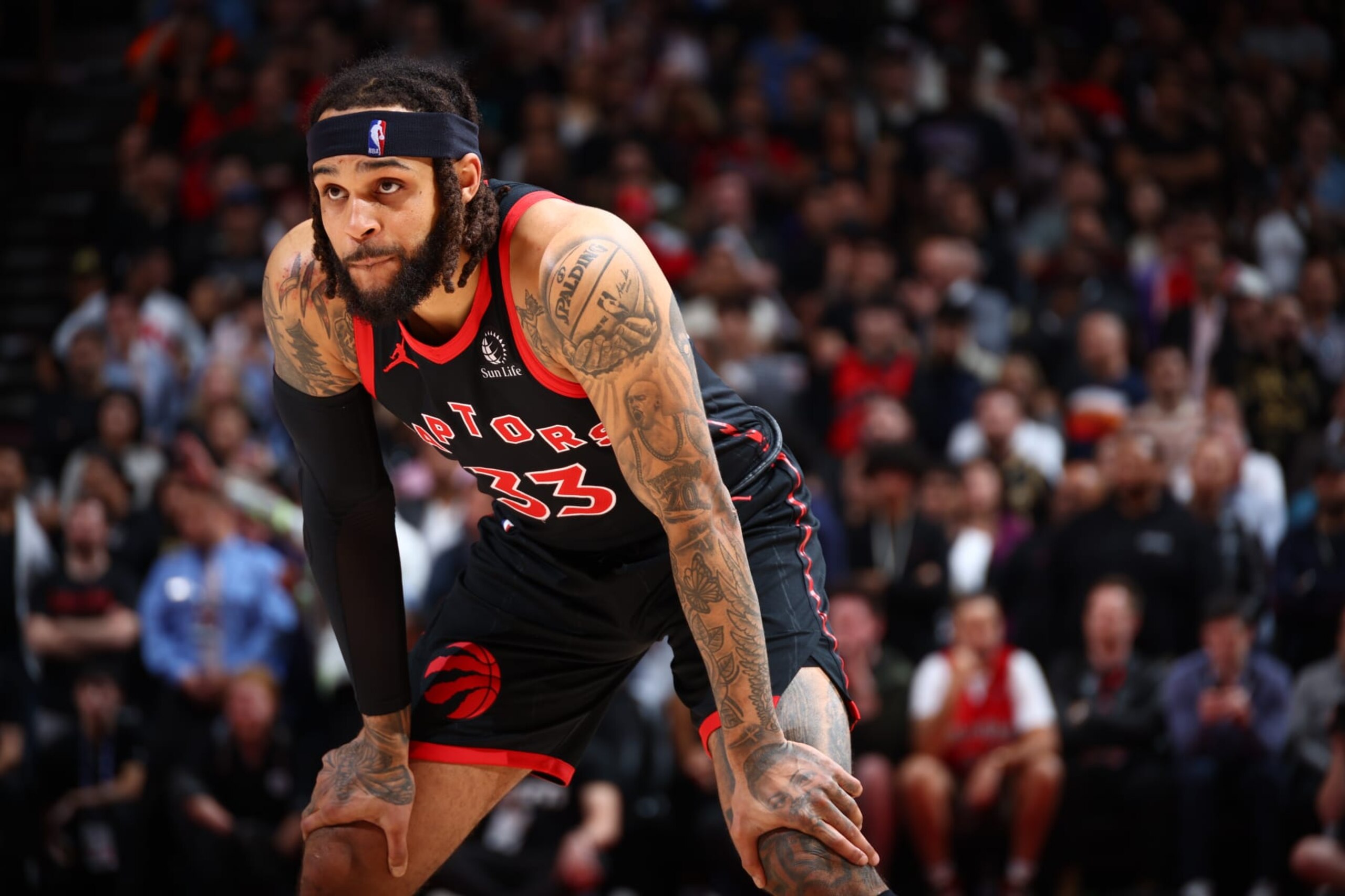TORONTO, CANADA - APRIL 12: Gary Trent Jr. #33 of the Toronto Raptors looks on against the Chicago Bulls during the 2023 Play-In Tournament on April 12, 2023 at the Scotiabank Arena in Toronto, Ontario, Canada. NOTE TO USER: User expressly acknowledges and agrees that, by downloading and or using this Photograph, user is consenting to the terms and conditions of the Getty Images License Agreement. Mandatory Copyright Notice: Copyright 2023 NBAE (Photo by Vaughn Ridley/NBAE via Getty Images) TORONTO, CANADA - APRIL 12: Gary Trent Jr. #33 of the Toronto Raptors looks on against the Chicago Bulls during the 2023 Play-In Tournament on April 12, 2023 at the Scotiabank Arena in Toronto, Ontario, Canada. NOTE TO USER: User expressly acknowledges and agrees that, by downloading and or using this Photograph, user is consenting to the terms and conditions of the Getty Images License Agreement. Mandatory Copyright Notice: Copyright 2023 NBAE (Photo by Vaughn Ridley/NBAE via Getty Images)