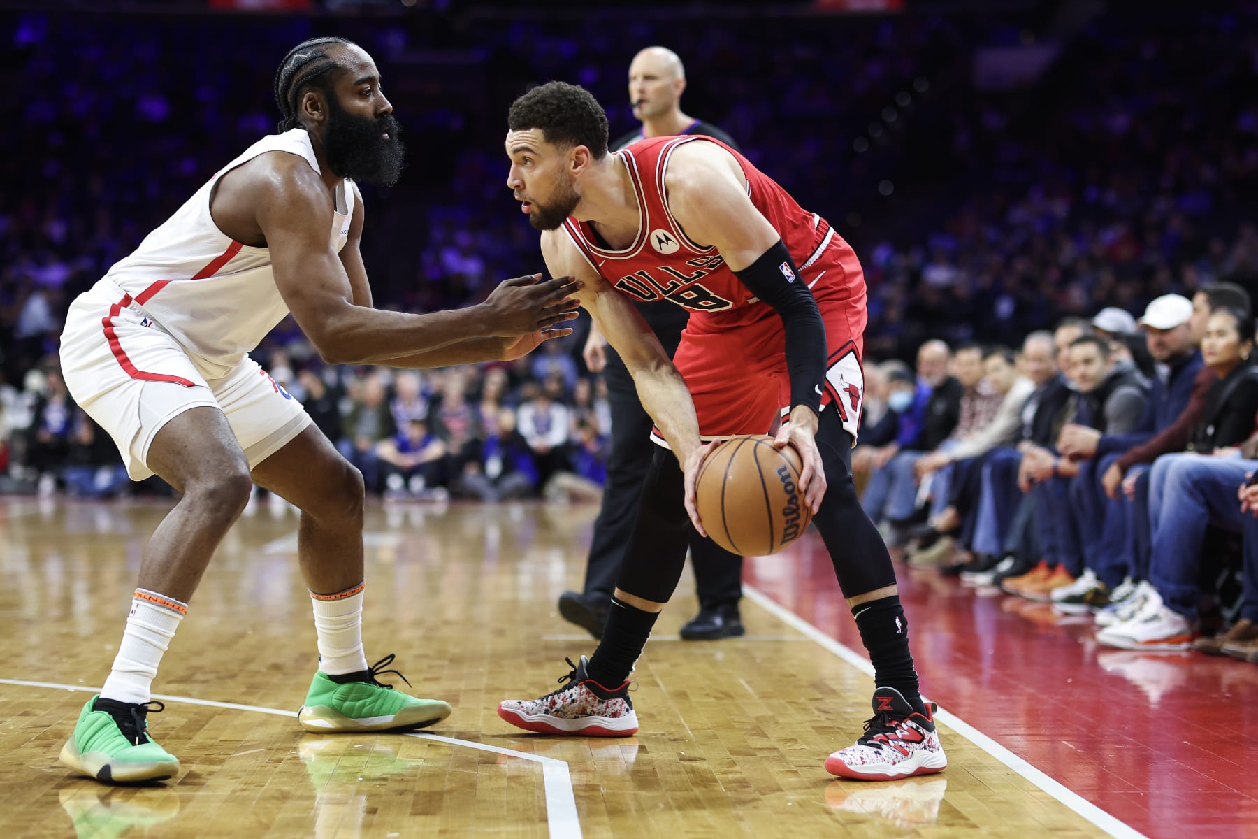 PHILADELPHIA, PENNSYLVANIA - MARCH 20: James Harden #1 of the Philadelphia 76ers guards Zach LaVine #8 of the Chicago Bulls during the first quarter at Wells Fargo Center on March 20, 2023 in Philadelphia, Pennsylvania. NOTE TO USER: User expressly acknowledges and agrees that, by downloading and or using this photograph, User is consenting to the terms and conditions of the Getty Images License Agreement. (Photo by Tim Nwachukwu/Getty Images) (Photo by Tim Nwachukwu/Getty Images)