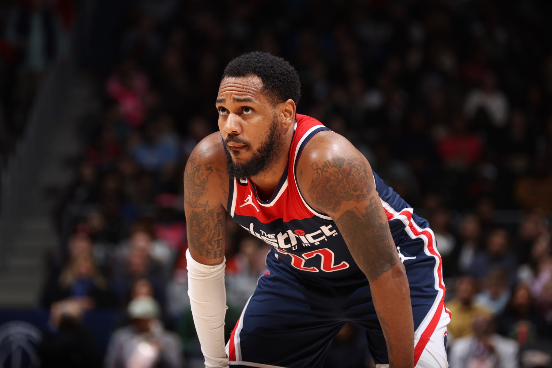 WASHINGTON, DC -  MARCH 18: Monte Morris #22 of the Washington Wizards looks on during the game against the Sacramento Kings on March 18, 2023 at Capital One Arena in Washington, DC. NOTE TO USER: User expressly acknowledges and agrees that, by downloading and or using this Photograph, user is consenting to the terms and conditions of the Getty Images License Agreement. Mandatory Copyright Notice: Copyright 2023 NBAE (Photo by Stephen Gosling/NBAE via Getty Images)