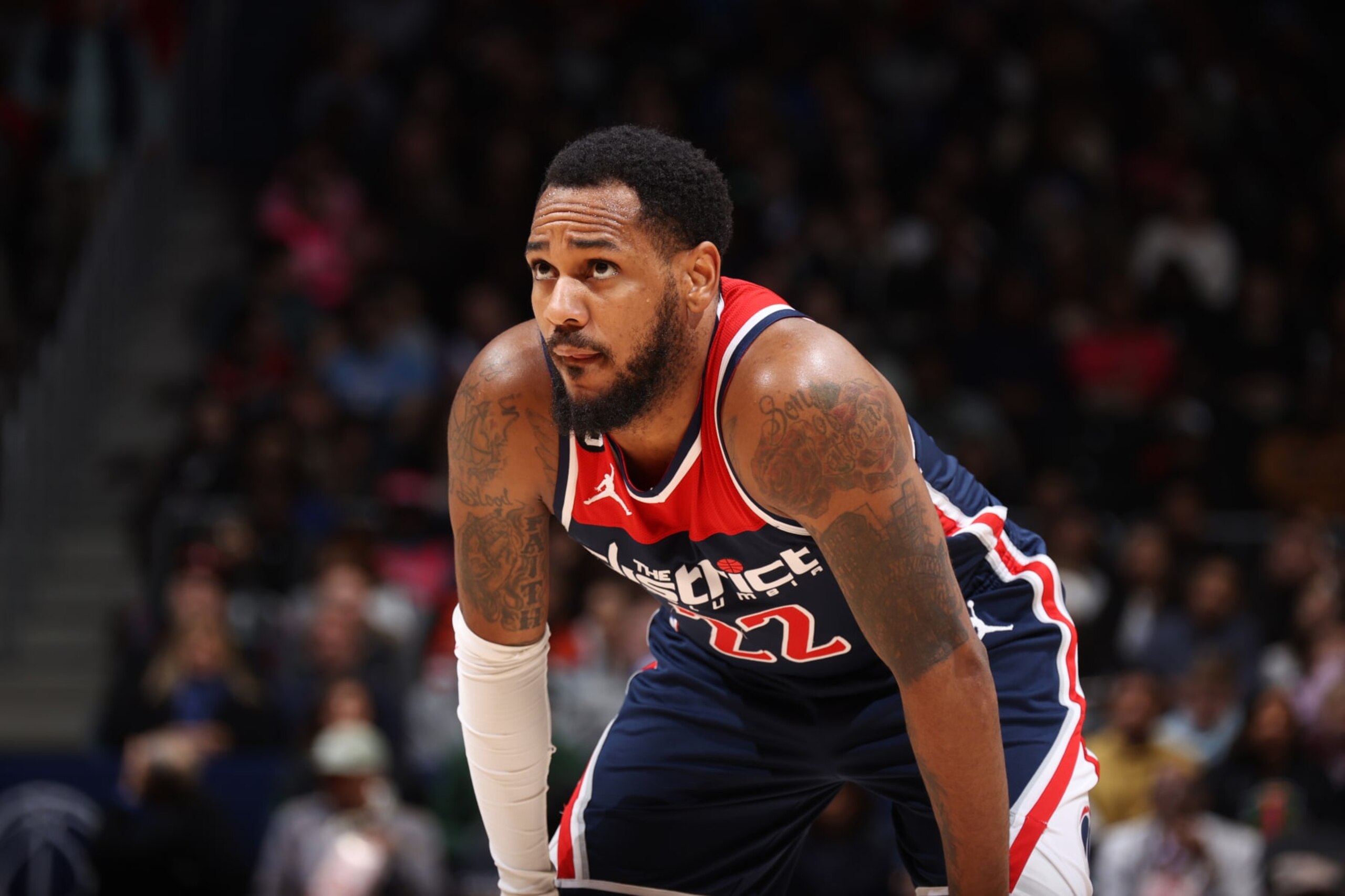 WASHINGTON, DC -  MARCH 18: Monte Morris #22 of the Washington Wizards looks on during the game against the Sacramento Kings on March 18, 2023 at Capital One Arena in Washington, DC. NOTE TO USER: User expressly acknowledges and agrees that, by downloading and or using this Photograph, user is consenting to the terms and conditions of the Getty Images License Agreement. Mandatory Copyright Notice: Copyright 2023 NBAE (Photo by Stephen Gosling/NBAE via Getty Images)