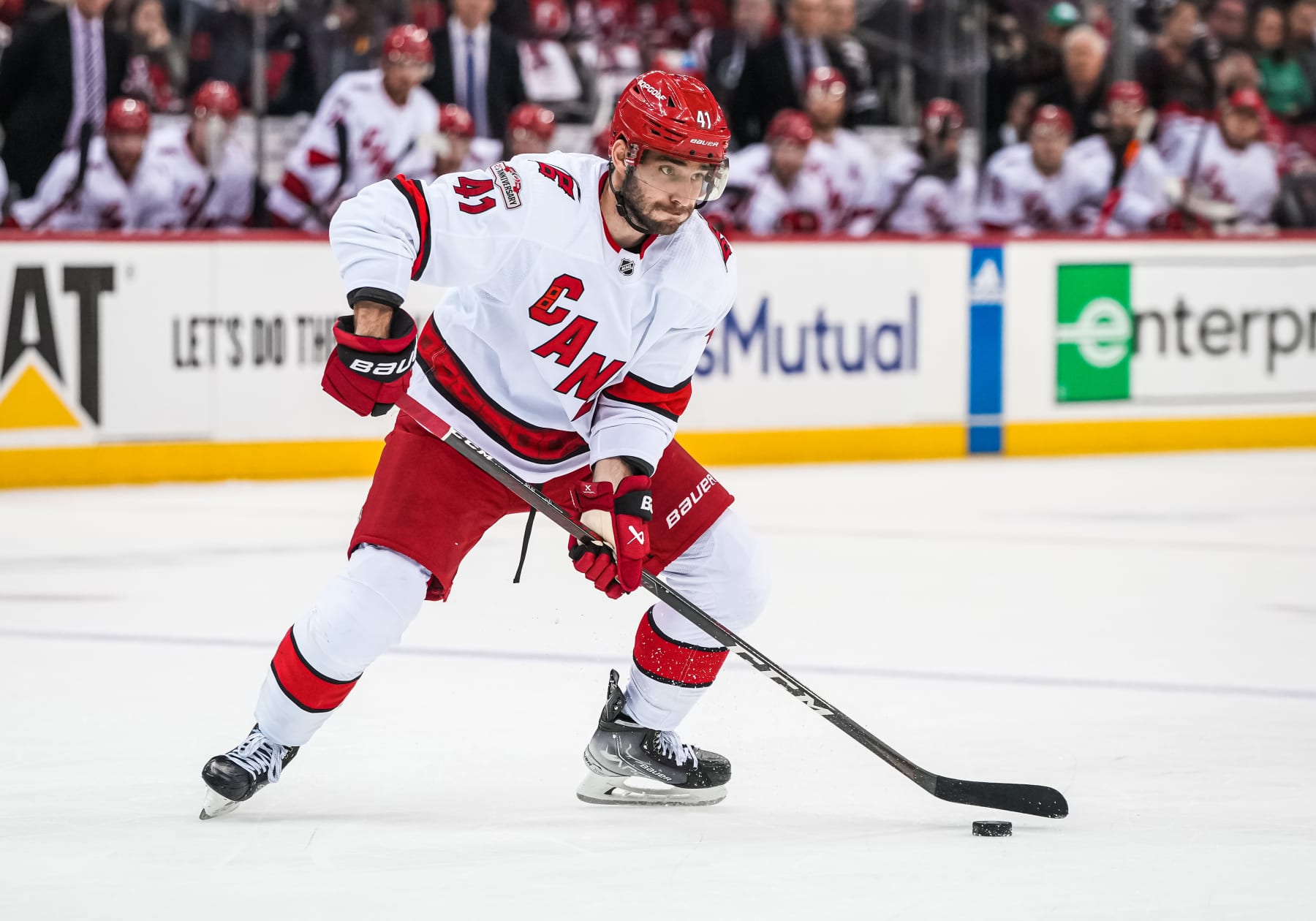 NEWARK, NEW JERSEY - MAY 07: Shayne Gostisbehere #41 of the Carolina Hurricanes skates during the first period against the New Jersey Devils in Game Three of the Second Round of the 2023 Stanley Cup Playoffs at Prudential Center on May 07, 2023 in Newark, New Jersey. (Photo by Josh Lavallee/NHLI via Getty Images)