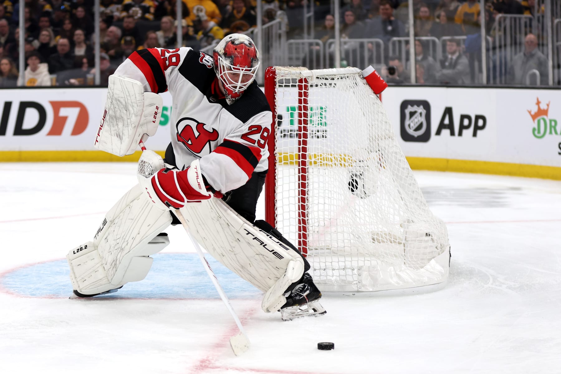 BOSTON, MASSACHUSETTS - APRIL 08: Mackenzie Blackwood #29 of the New Jersey Devils tends net during the third period against the Boston Bruins at TD Garden on April 08, 2023 in Boston, Massachusetts. The Bruins defeat the Devils 2-1, tying the NHL single season win record with 62 wins.  (Photo by Maddie Meyer/Getty Images)