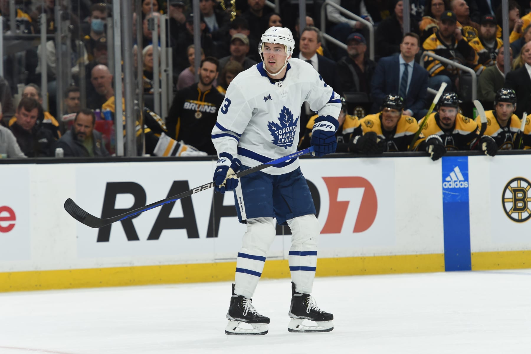 BOSTON, MASSACHUSETTS - APRIL 6: Justin Holl #3 of the Toronto Maple Leafs skates against the Boston Bruins at the TD Garden on April 6, 2023 in Boston, Massachusetts. (Photo by Steve Babineau/NHLI via Getty Images)