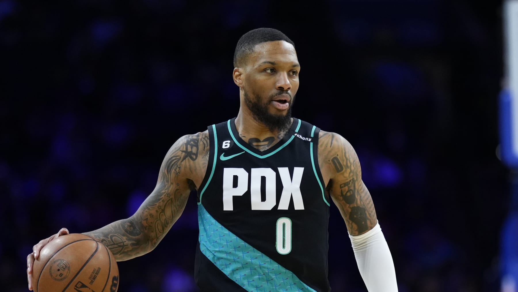 Portland Trail Blazers' Damian Lillard plays during an NBA basketball game, Friday, March 10, 2023, in Philadelphia. (AP Photo/Matt Slocum)