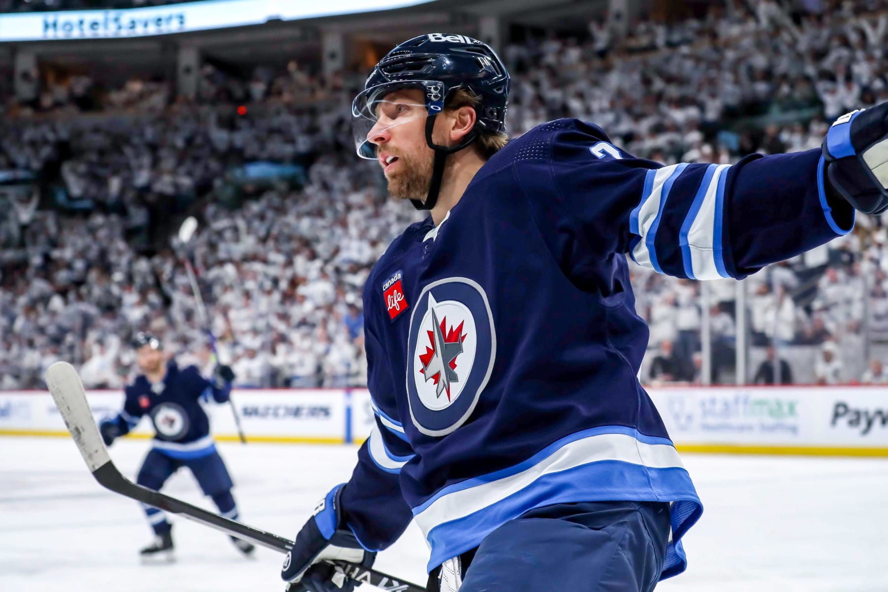WINNIPEG, CANADA - APRIL 24: Blake Wheeler #26 of the Winnipeg Jets celebrates after scoring a first period goal against the Vegas Golden Knights in Game Four of the First Round of the 2023 Stanley Cup Playoffs at the Canada Life Centre on April 24, 2023 in Winnipeg, Manitoba, Canada. (Photo by Darcy Finley/NHLI via Getty Images)
