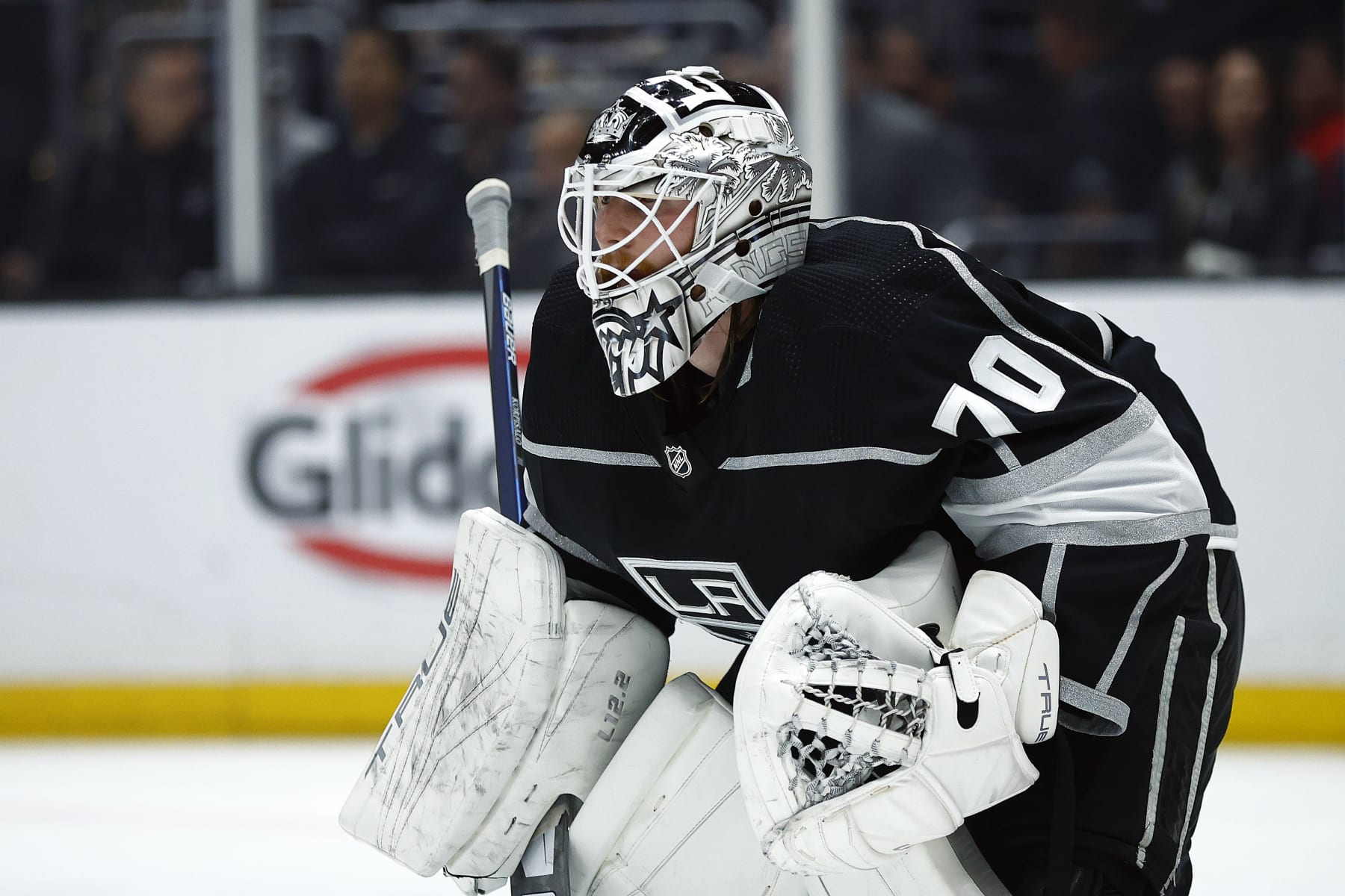 LOS ANGELES, CALIFORNIA - APRIL 29:  Joonas Korpisalo #70 of the Los Angeles Kings in goal against the Edmonton Oilers during the first period in Game Six of the First Round of the 2023 Stanley Cup Playoffs at Crypto.com Arena on April 29, 2023 in Los Angeles, California. (Photo by Ronald Martinez/Getty Images)