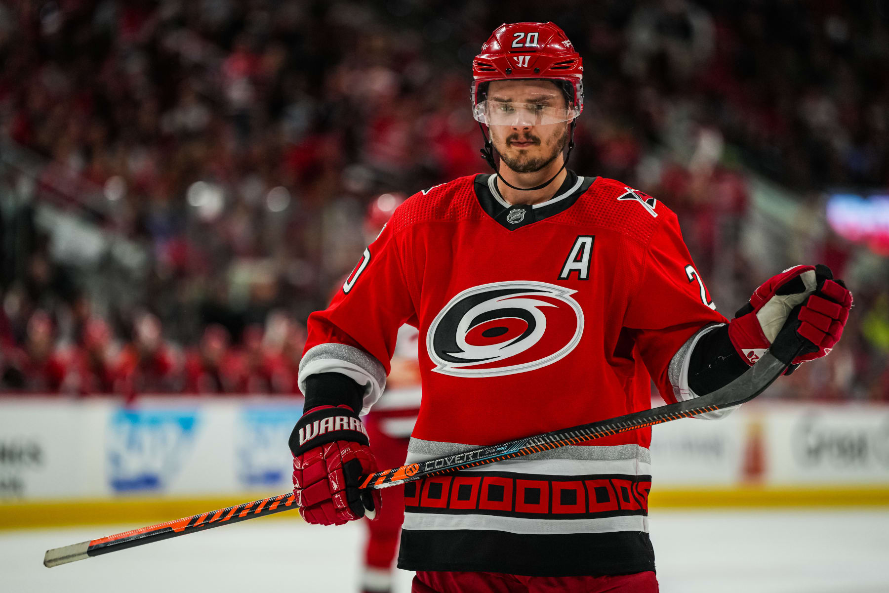 RALEIGH, NORTH CAROLINA - MAY 20: Sebastian Aho #20 of the Carolina Hurricanes prepares for a face off during the third period against the Florida Panthers in Game Two of the Eastern Conference Final of the 2023 Stanley Cup Playoffs at PNC Arena on May 20, 2023 in Raleigh, North Carolina. (Photo by Josh Lavallee/NHLI via Getty Images)