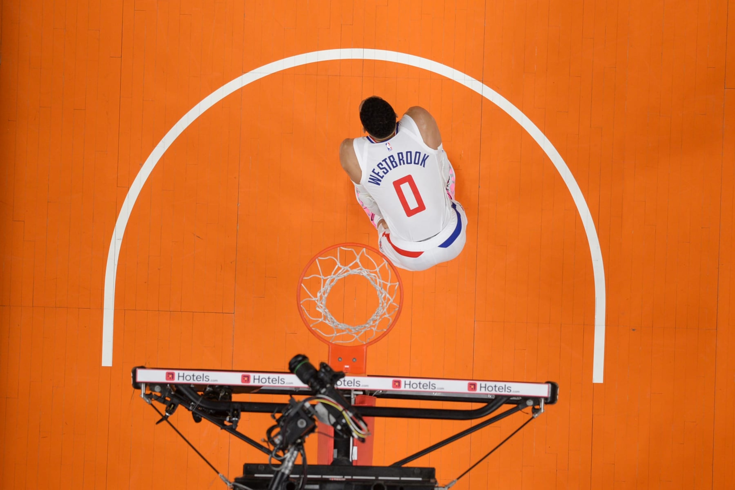 PHOENIX, AZ - APRIL 25:  Russell Westbrook #0 of the LA Clippers looks on during the game during round one game five of the 2023 NBA Playoffs on on April 25, 2023 at Footprint Center in Phoenix, Arizona. NOTE TO USER: User expressly acknowledges and agrees that, by downloading and or using this photograph, user is consenting to the terms and conditions of the Getty Images License Agreement. Mandatory Copyright Notice: Copyright 2023 NBAE (Photo by Kate Frese/NBAE via Getty Images)
