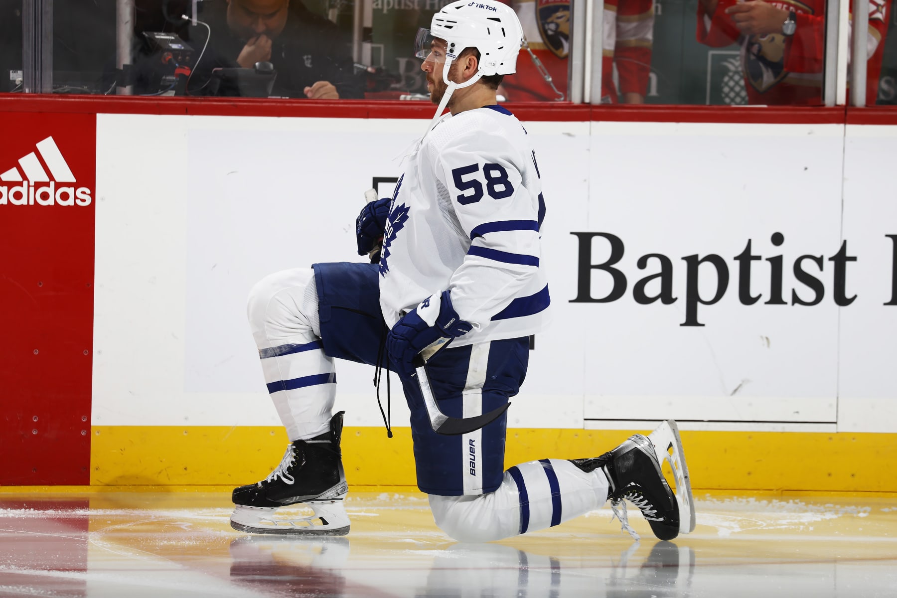SUNRISE, FLORIDA - MAY 7: Michael Bunting #58 of the Toronto Maple Leafs stretch on the ice prior to the start of the game against the Florida Panthers in Game Three of the Second Round of the 2023 Stanley Cup Playoffs at the FLA Live Arena on May 7, 2023 in Sunrise, Florida. (Photo by Eliot J. Schechter/NHLI via Getty Images)