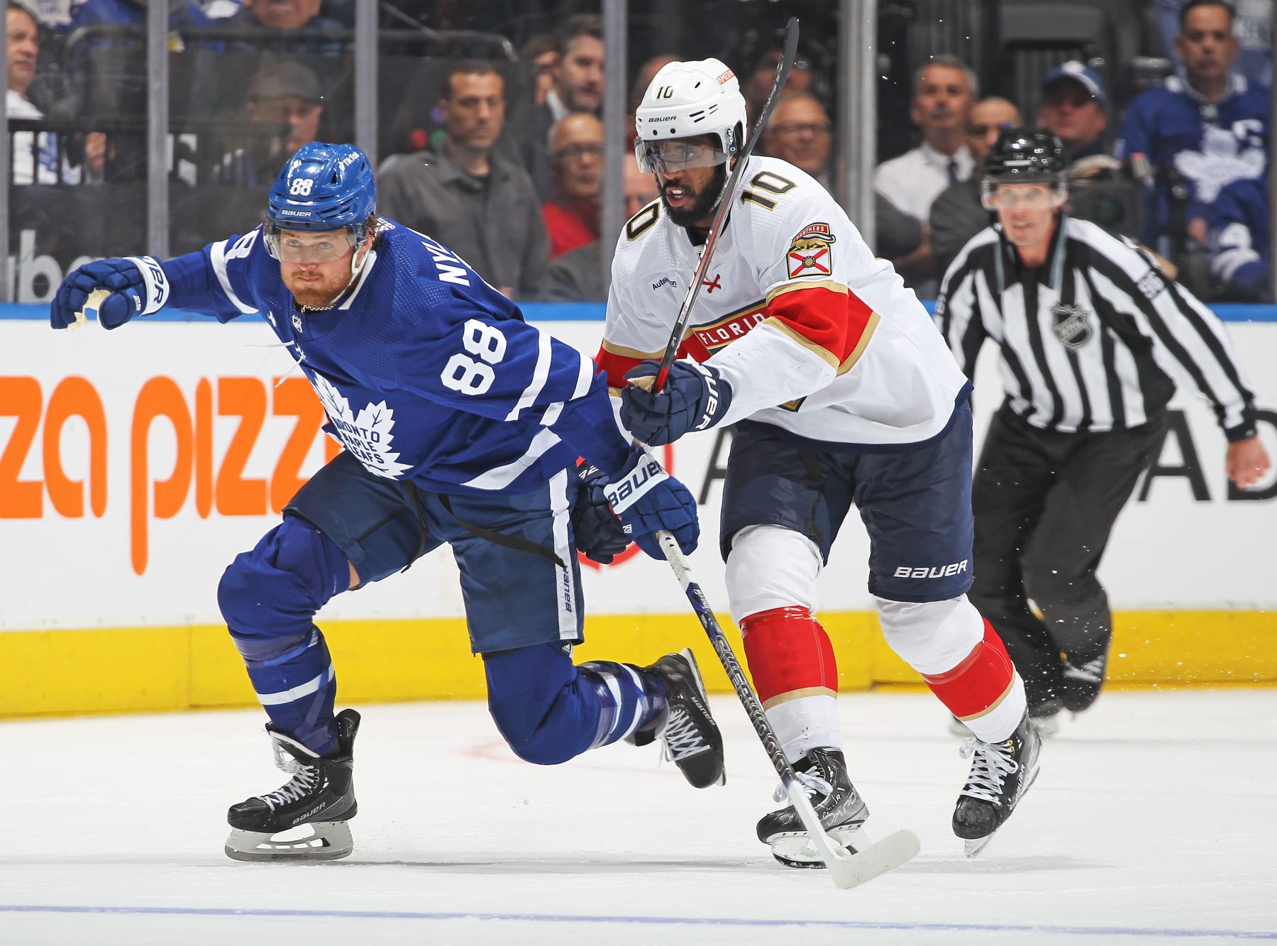 TORONTO, CANADA - MAY 12:  Anthony Duclair #10 of the Florida Panthers skates against William Nylander #88 of the Toronto Maple Leafs in overtime during Game Five of the Second Round of the 2023 Stanley Cup Playoffs at Scotiabank Arena on May 12, 2023 in Toronto, Ontario, Canada. The Panthers defeated the Maple Leafs 3-2 in overtime. (Photo by Claus Andersen/Getty Images)