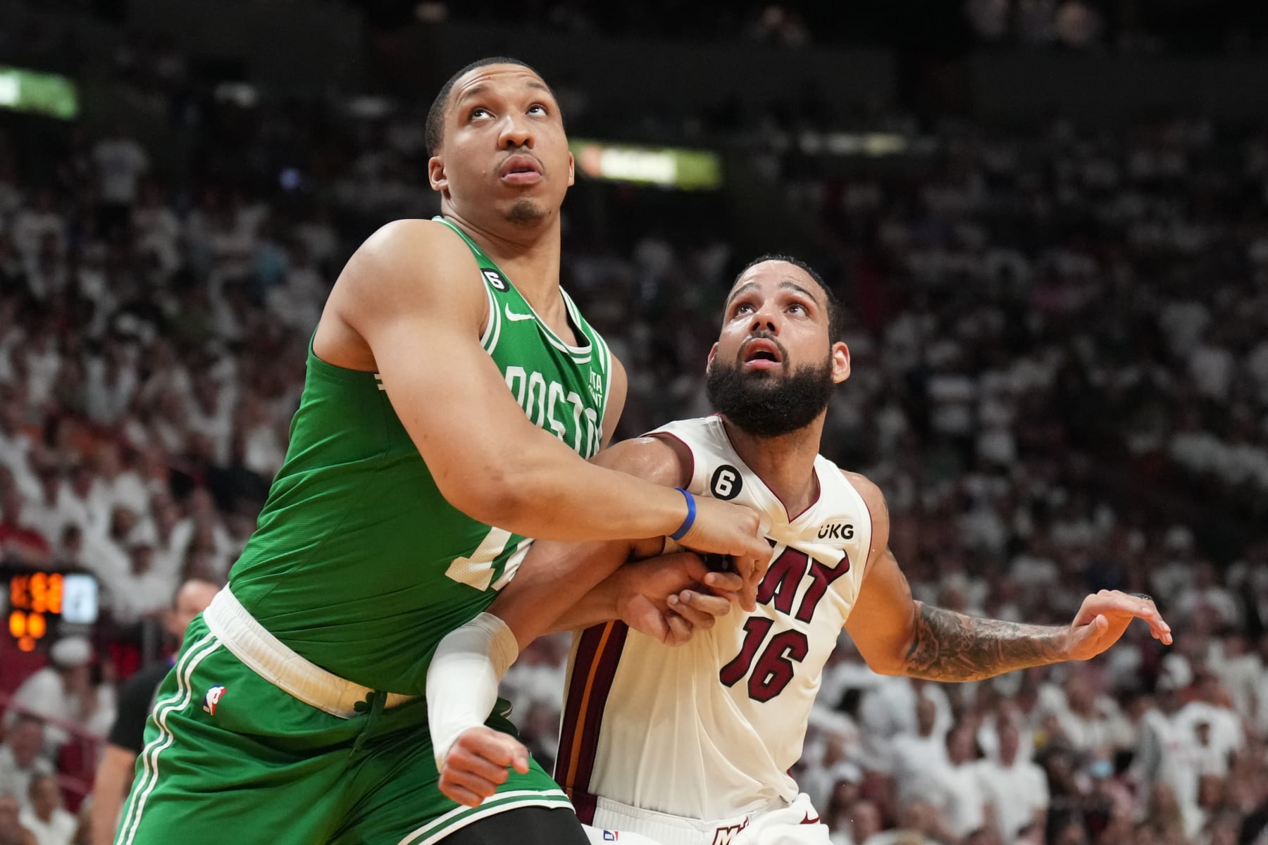 MIAMI, FL - MAY 27: Grant Williams #12 of the Boston Celtics boxes out during Game Six of the Eastern Conference Finals against the Miami Heat on May 27, 2023 at the Kaseya Center in Miami, Florida. NOTE TO USER: User expressly acknowledges and agrees that, by downloading and or using this Photograph, user is consenting to the terms and conditions of the Getty Images License Agreement. Mandatory Copyright Notice: Copyright 2023 NBAE (Photo by Jesse D. Garrabrant/NBAE via Getty Images)